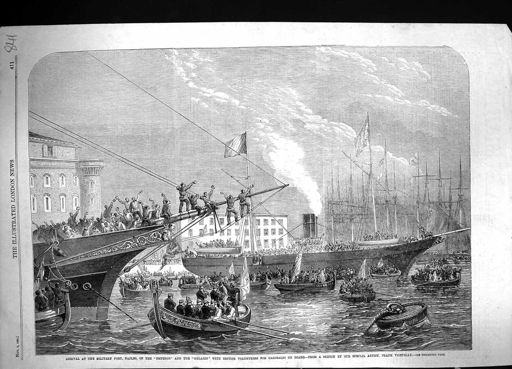 Old 1860 Military Port Naples Emperor Melazzo Ships British Volunteer Victorian