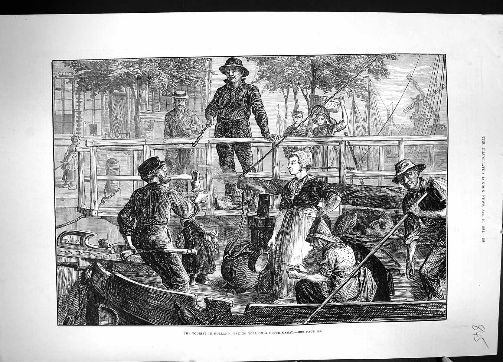 Original Old Antique Print 1881 Tourist Holland Taking Toll Dutch Canal Boats
