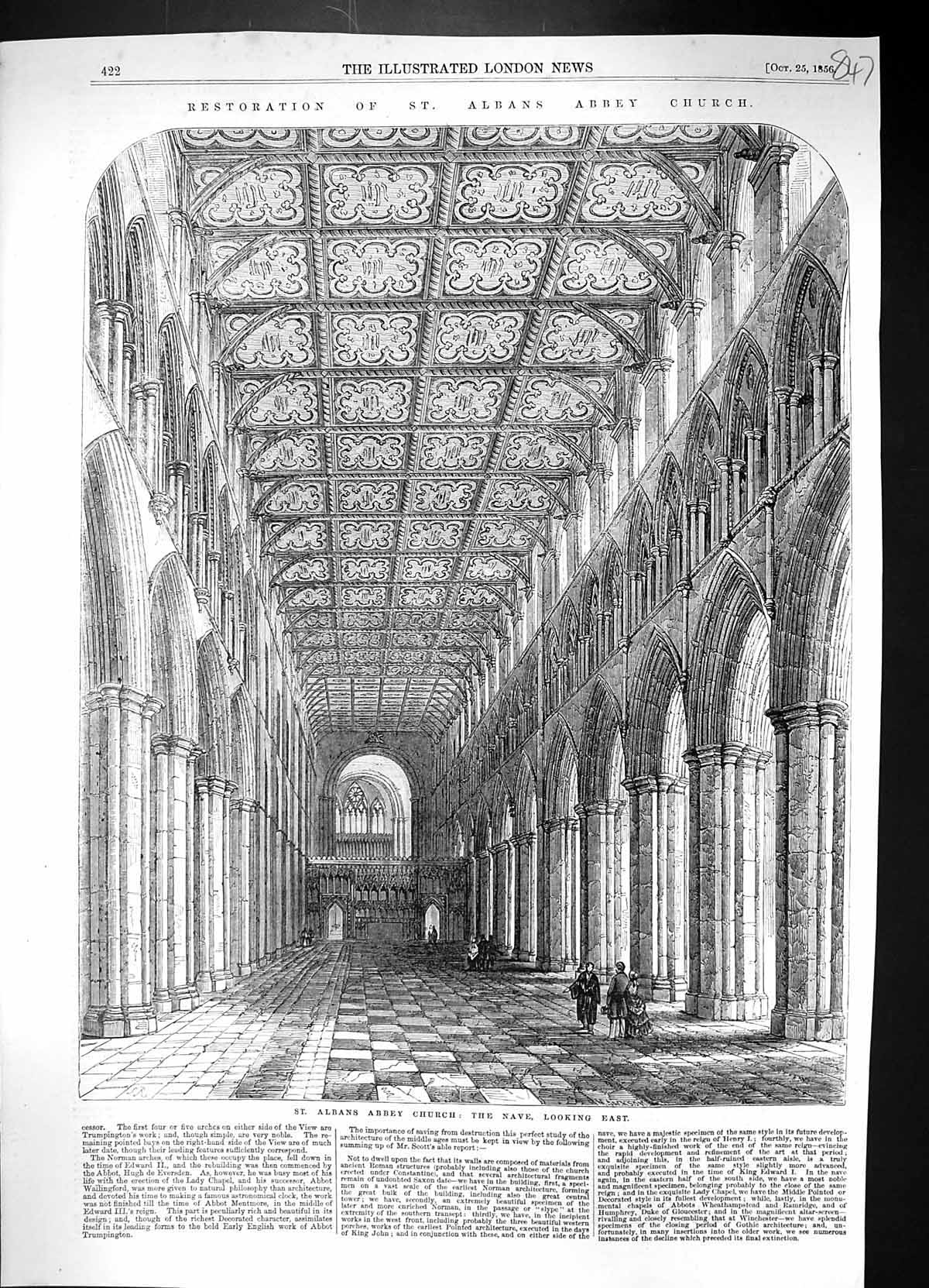 Old Antique Print 1856 Interior St. Albans Abbey Church Nave Architecture 19th