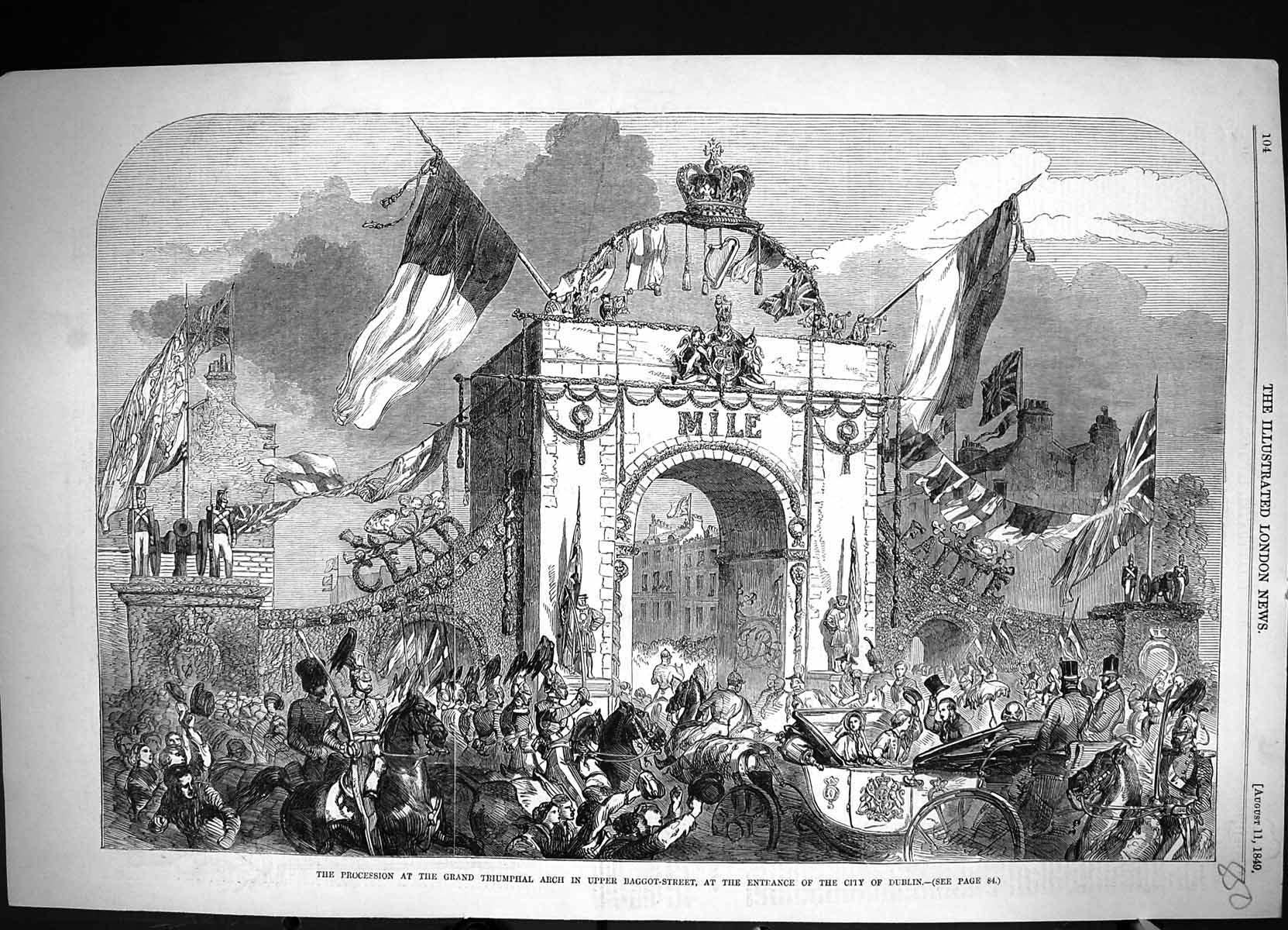 Old 1849 Procession Grand Triumphal Arch Baggot-Street Entrance City Victorian