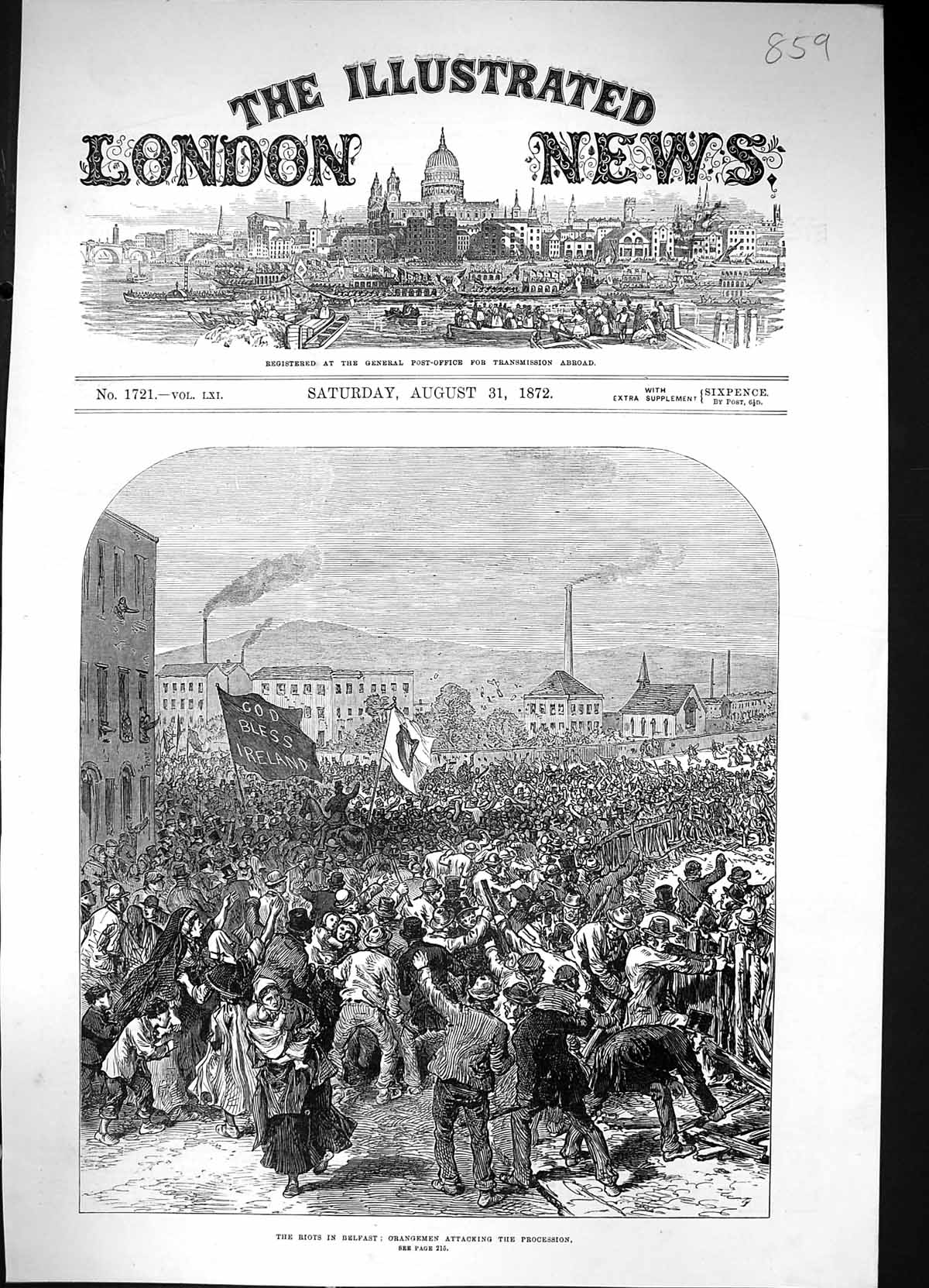 Antique Old Print 1872 Riots Belfast Ireland Orangemen Attacking Procession