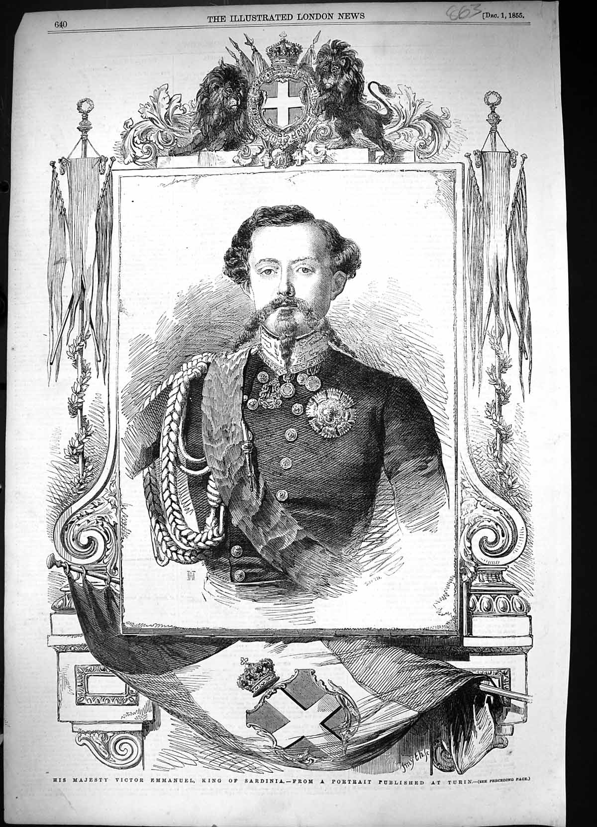 Old Antique Print 1855 Portrait His Majesty Victor Emmanuel King Sardinia 19th