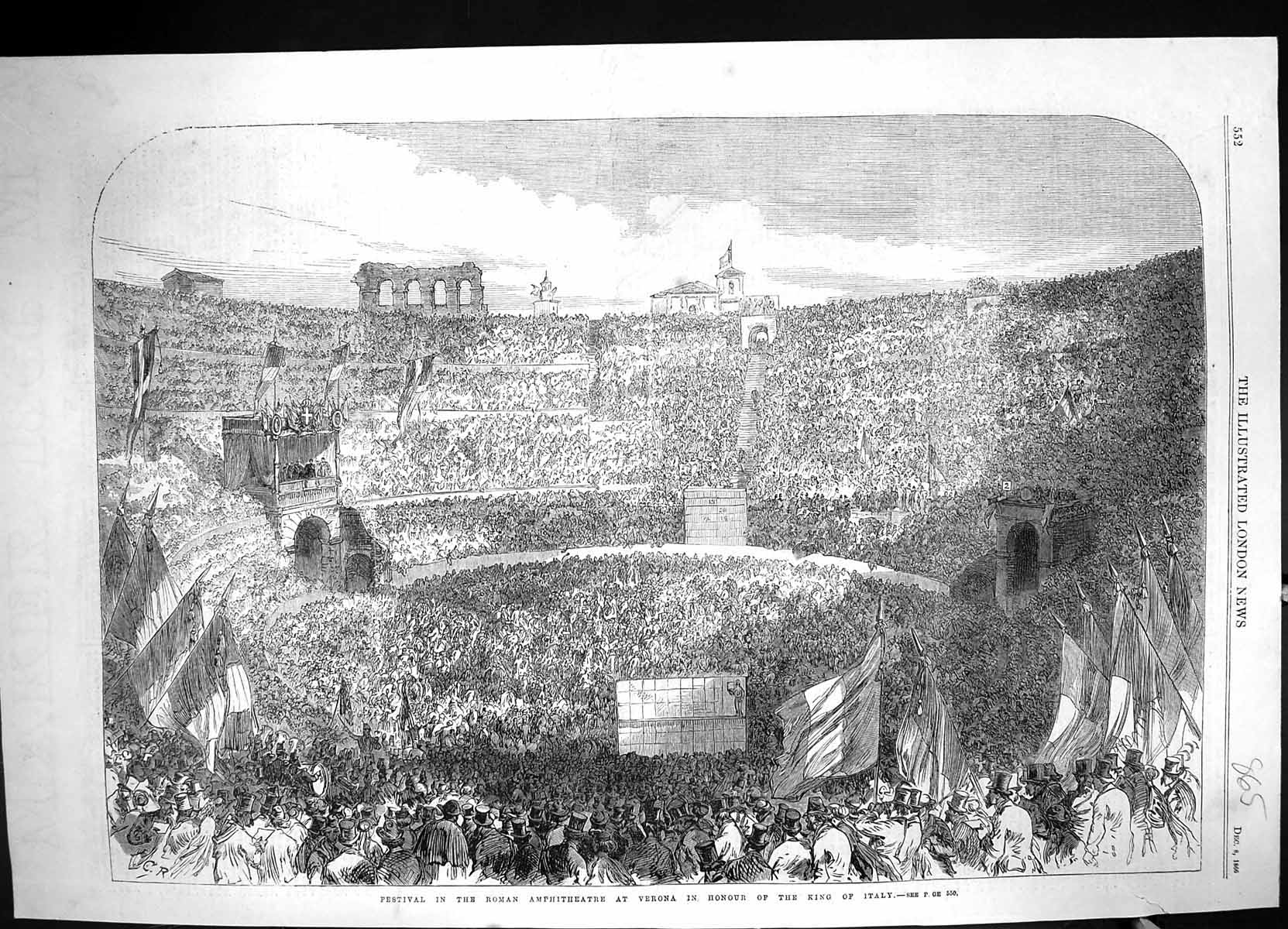 Original Old Antique Print 1866 Festival Roman Amphitheatre Verona King Italy