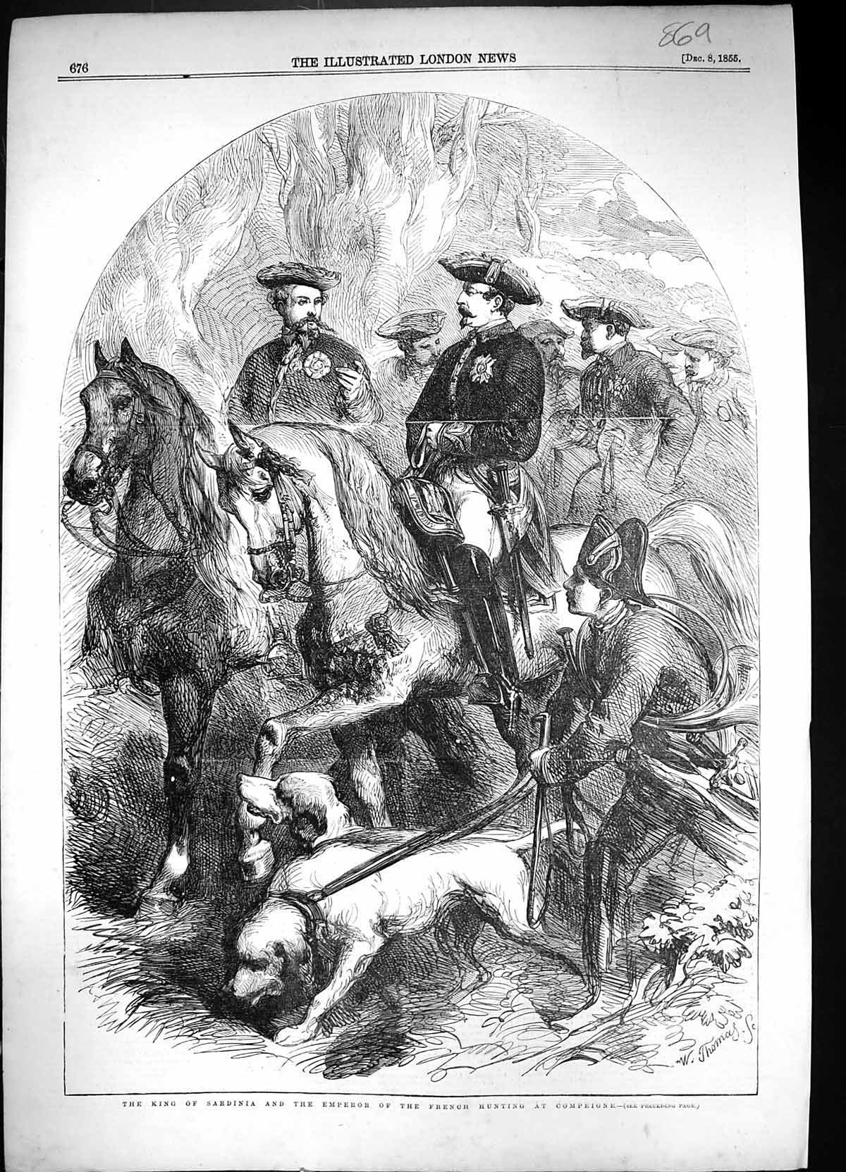 Antique Old Print 1855 King Sardinia Emperor French Hunting Compeigne France