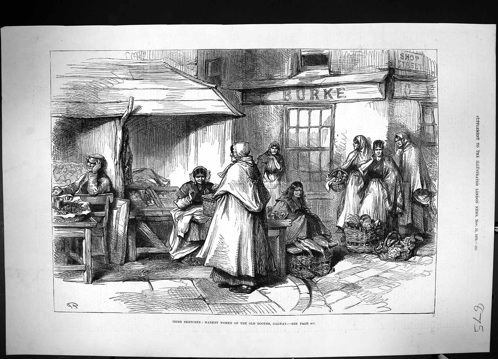 Original Old Antique Print 1879 Ireland Market Women Booths Galway Victorian