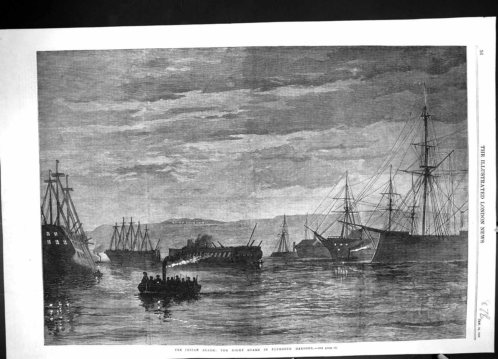 Antique Print 1868 Fenian Alarm Night Guard Plymouth Harbour Ships Fine Art