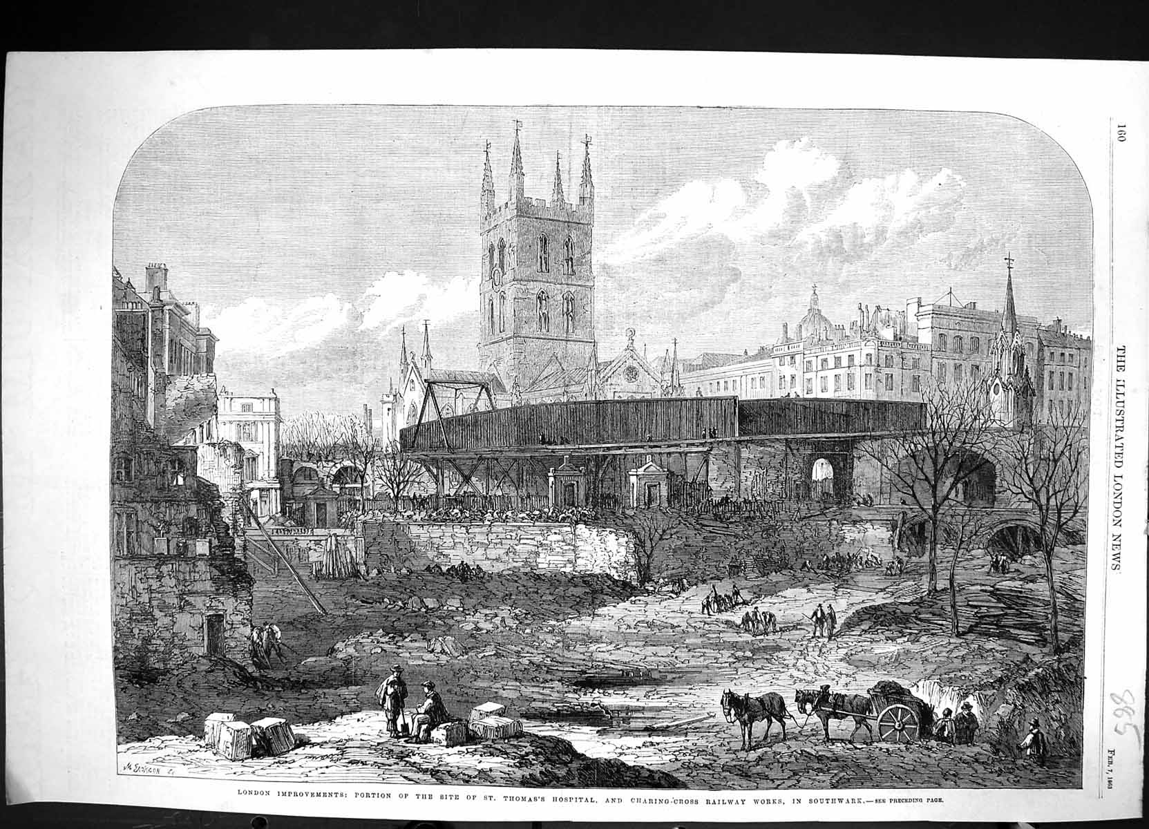 Old 1863 London Improvements St. Thomas Hospital Charing Cross Railwa Victorian
