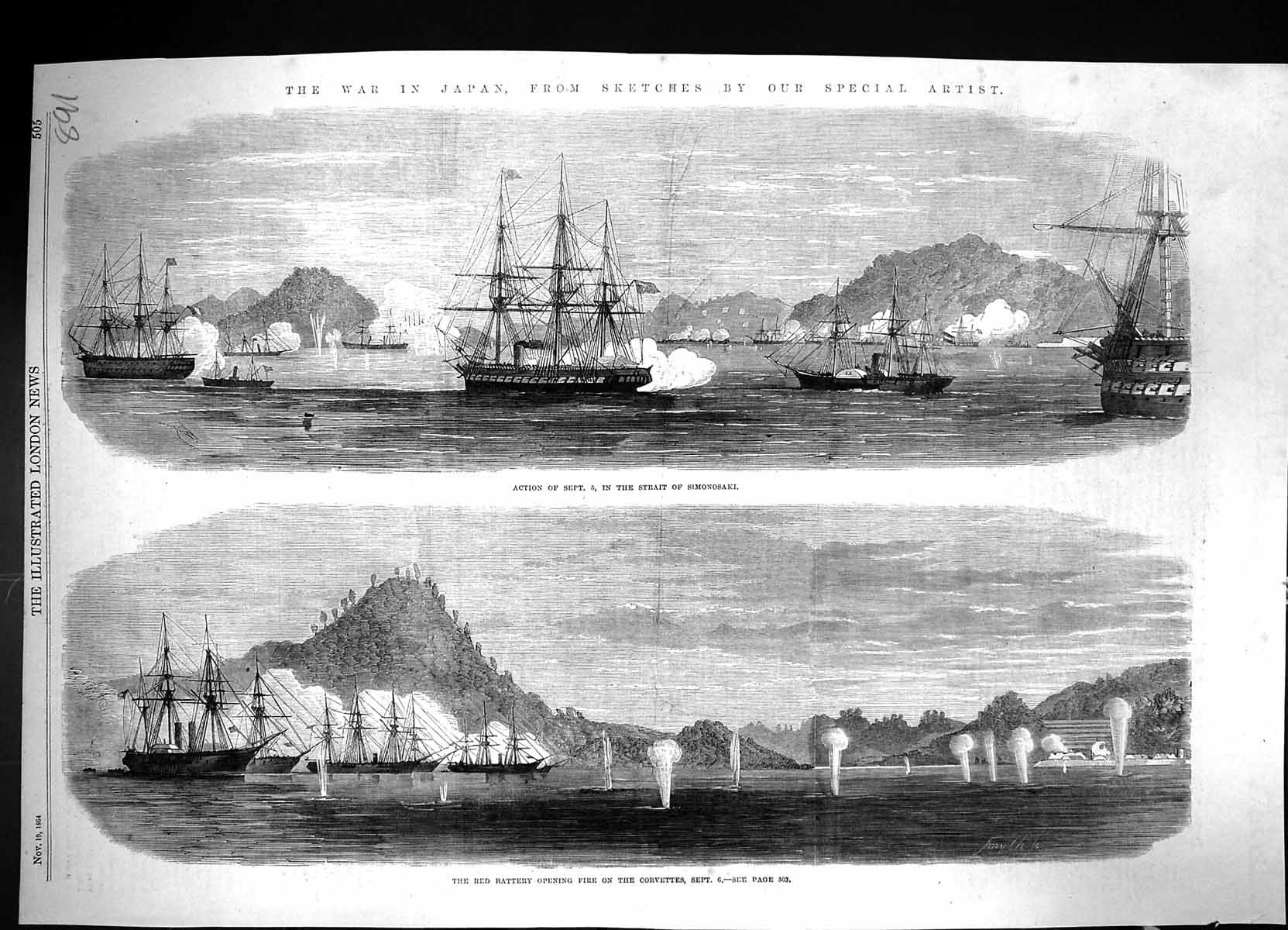 Old 1864 War Japan Ships Strait Simonosaki Red Battery Firing Corvett Victorian
