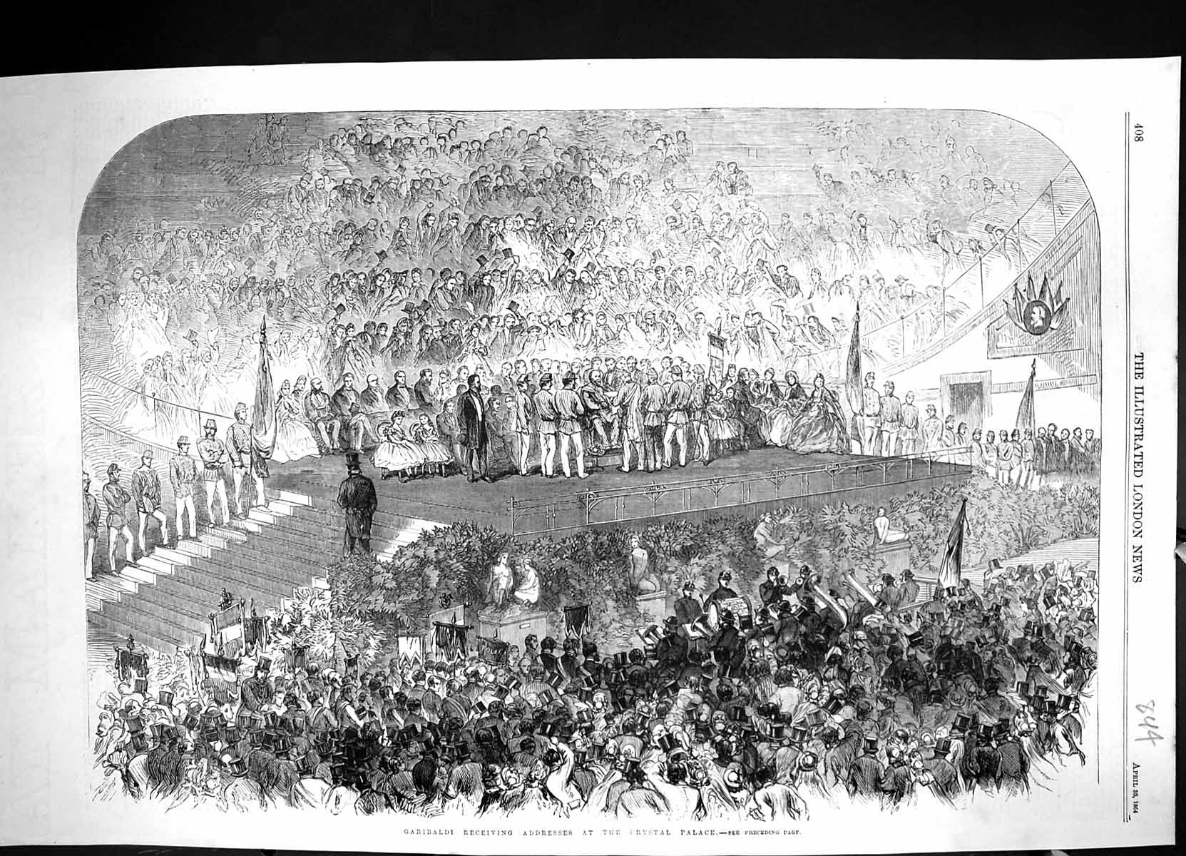 Original Old Antique Print 1864 Garibaldi Receiving Addresses Crystla Palace