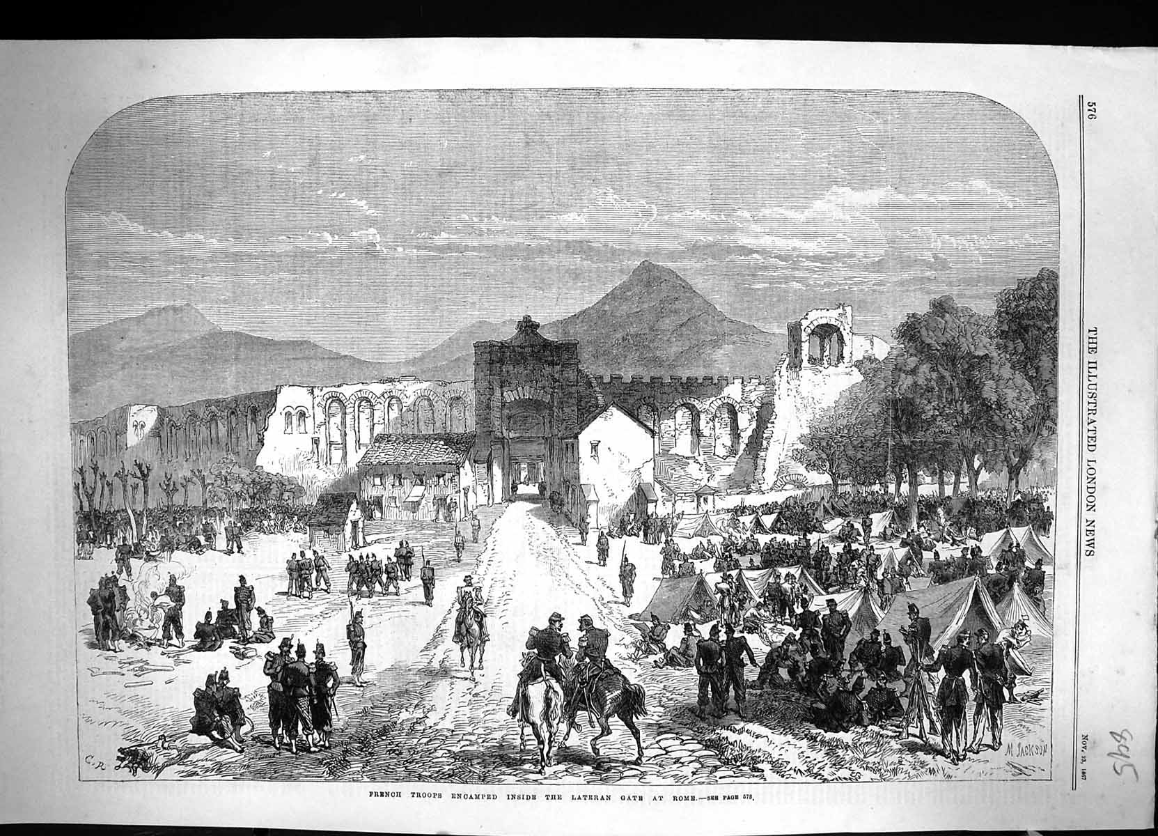 Antique Old Print 1867 War French Troops Siers Encamped Lateran Rome Italy 19th