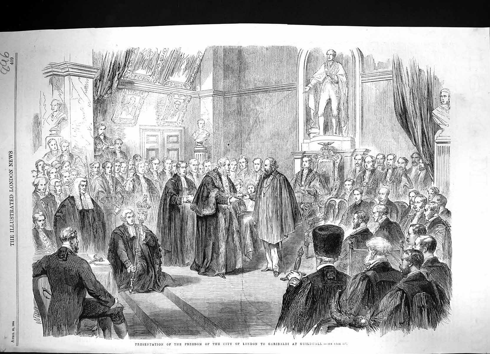 Old Print *6064 1864 Presentation Freedom City London Garibaldi Guildhall