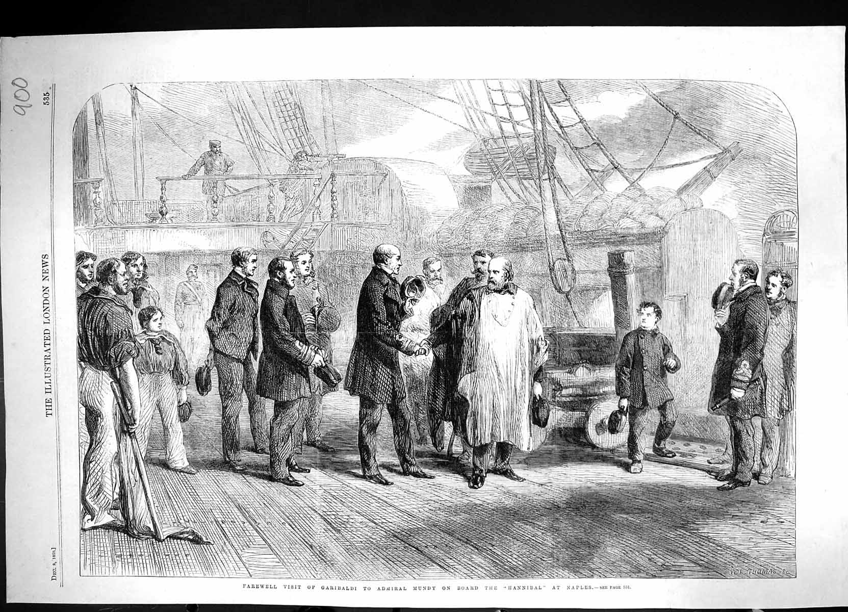 Old 1860 Farewell Visit Garibaldi Admiral Mundy Ship Hannibal Naples Victorian