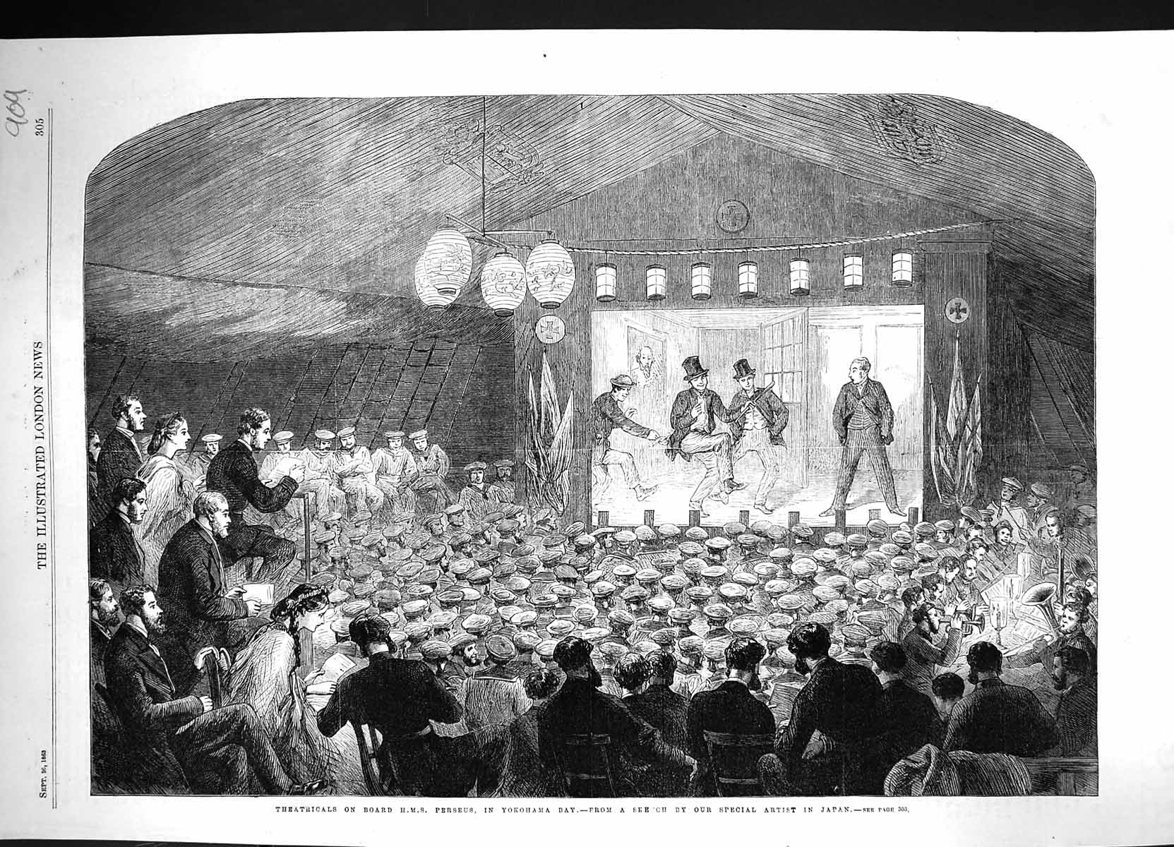 Old Print 1863 Theatricals Ship H.M.S. Perseus Yokohama Bay Entertainment 19th
