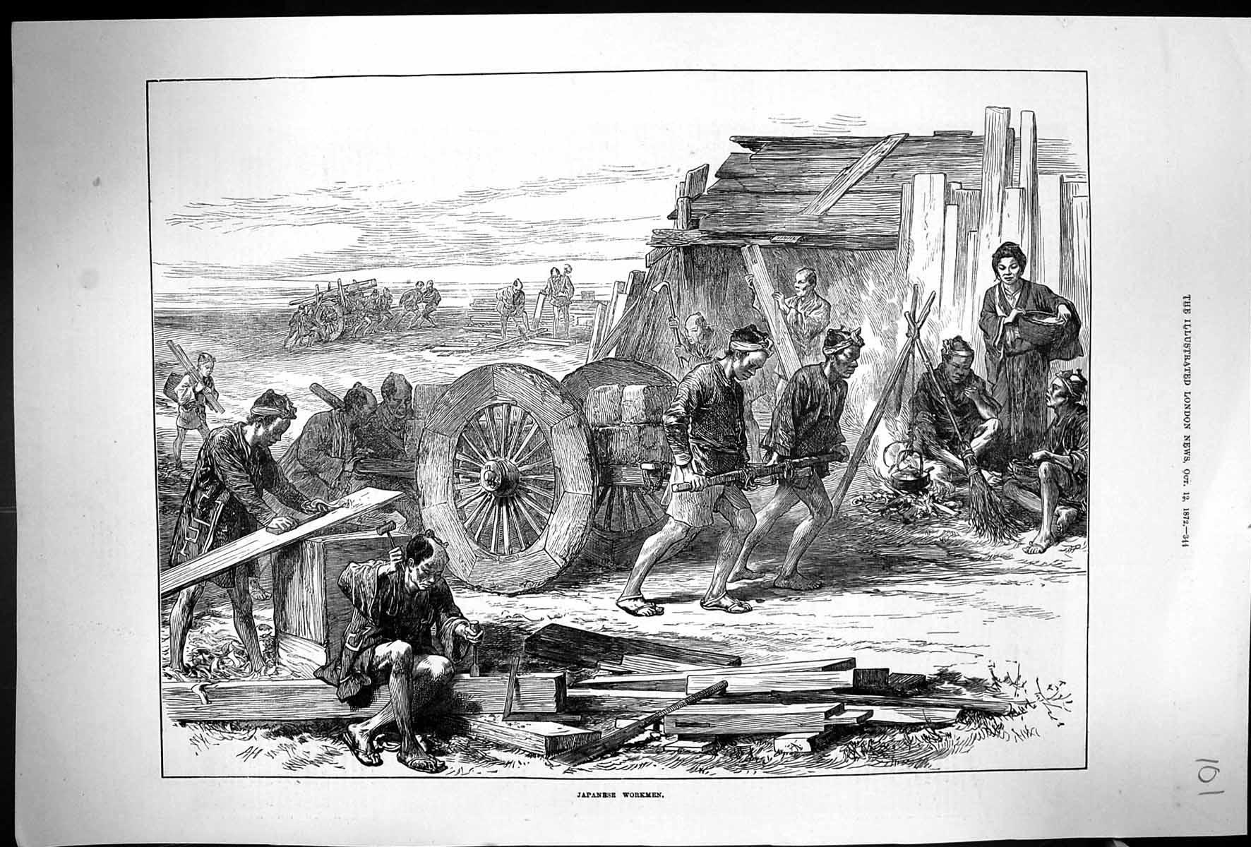Original Old Antique Print 1872 Japanese Workmen Japan Industry Workers 19th