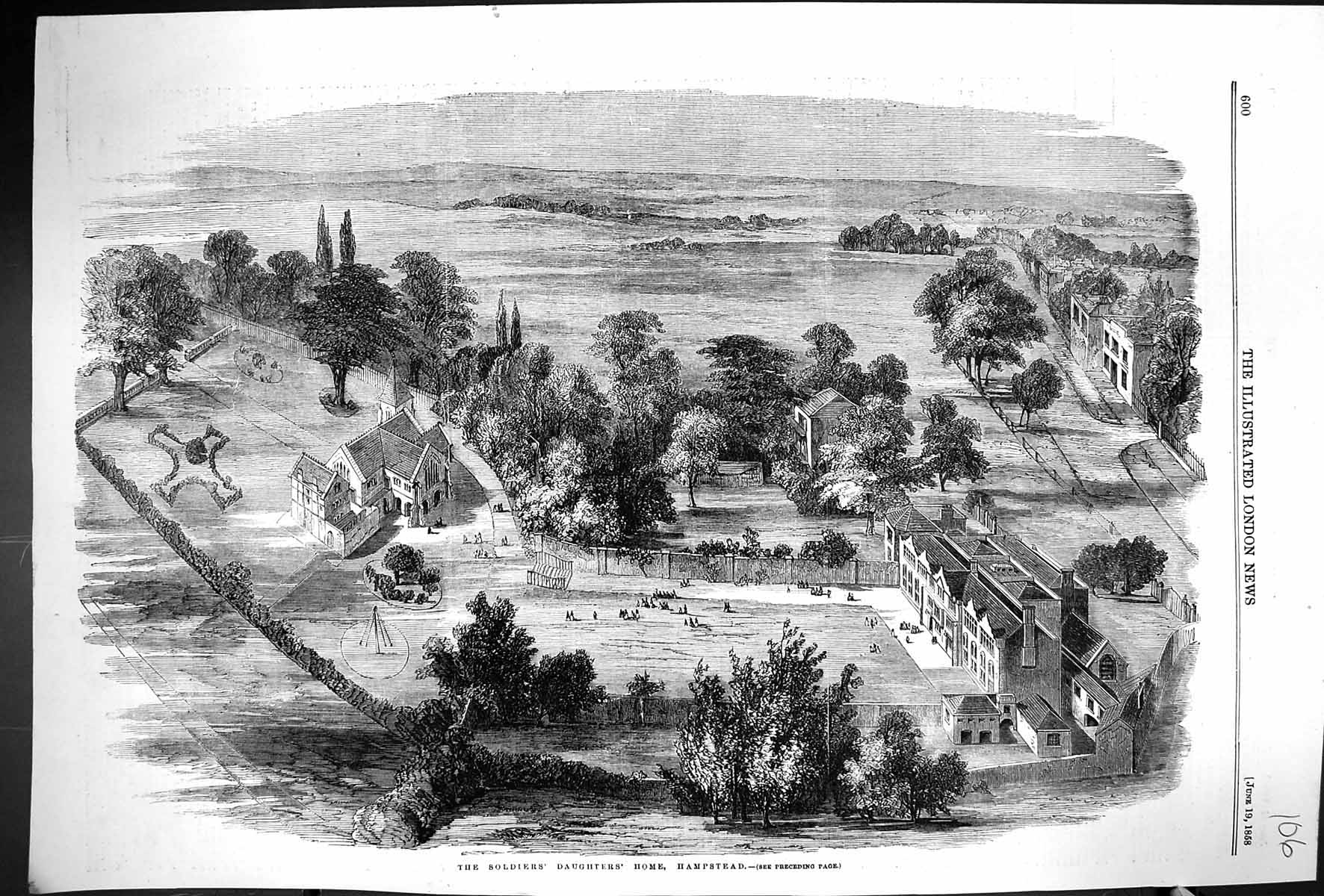 Old Print 1858 Birds-Eye-View Siers Daughters Home Hampstead Houses Buil 19th