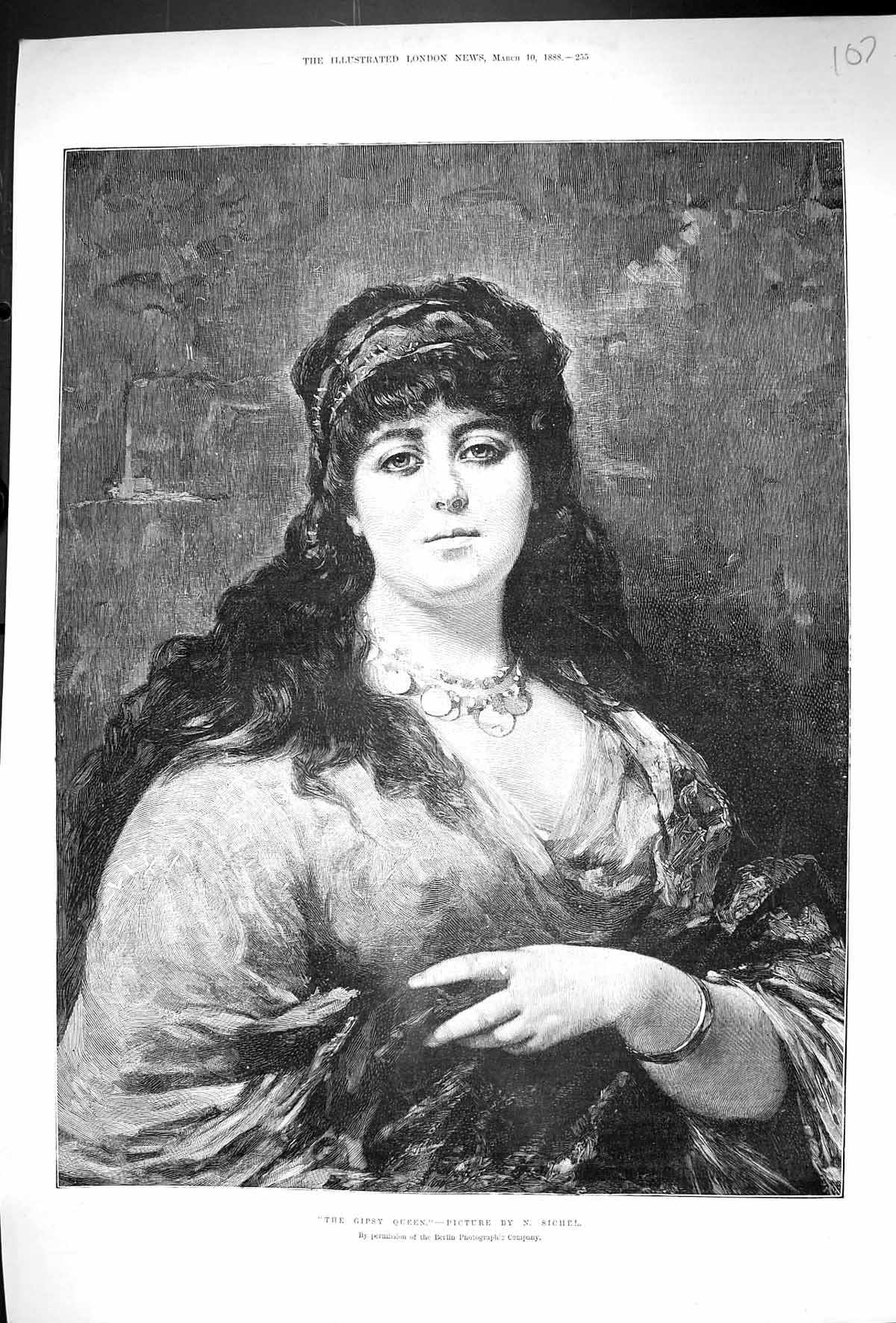 Original Old Antique Print 1888 Portrait Gipsy Queen Beautiful Girl Sichel 19th