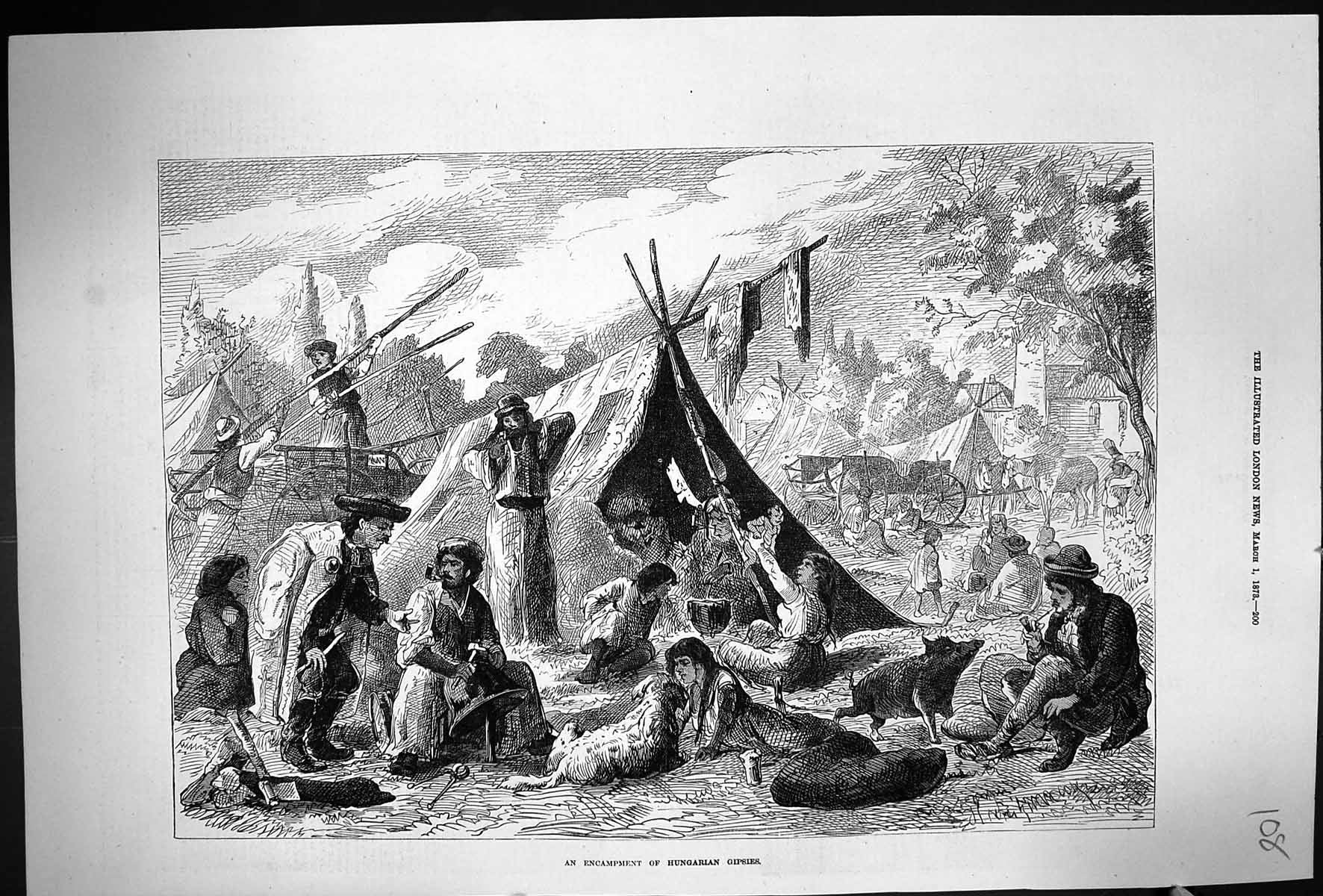 Antique Old Print 1873 Scene Encampment Hungarian Gipsy Tents People Animals