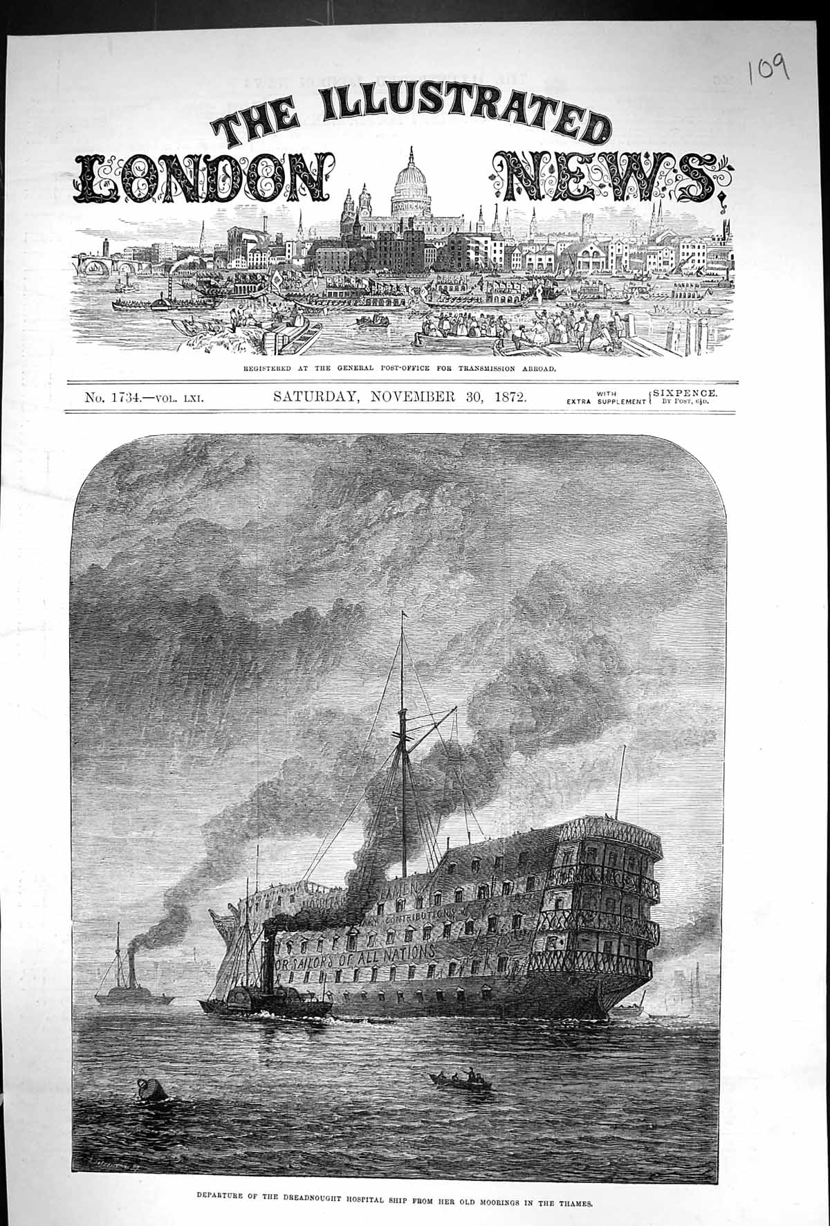 Old 1872 Departure Dreadnought Hospital Ship Moorings River Thames Bo Victorian