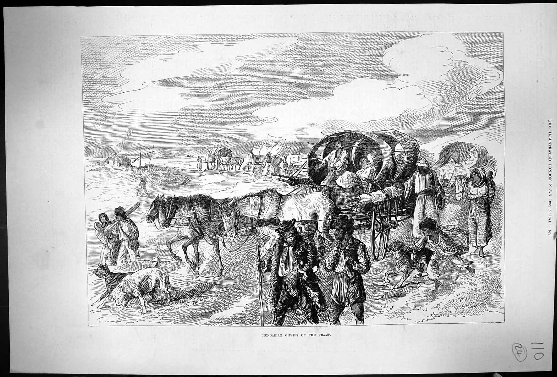 Original Old Antique Print 1874 Hungarian Gipsy Tramp Caravans Horses Victorian