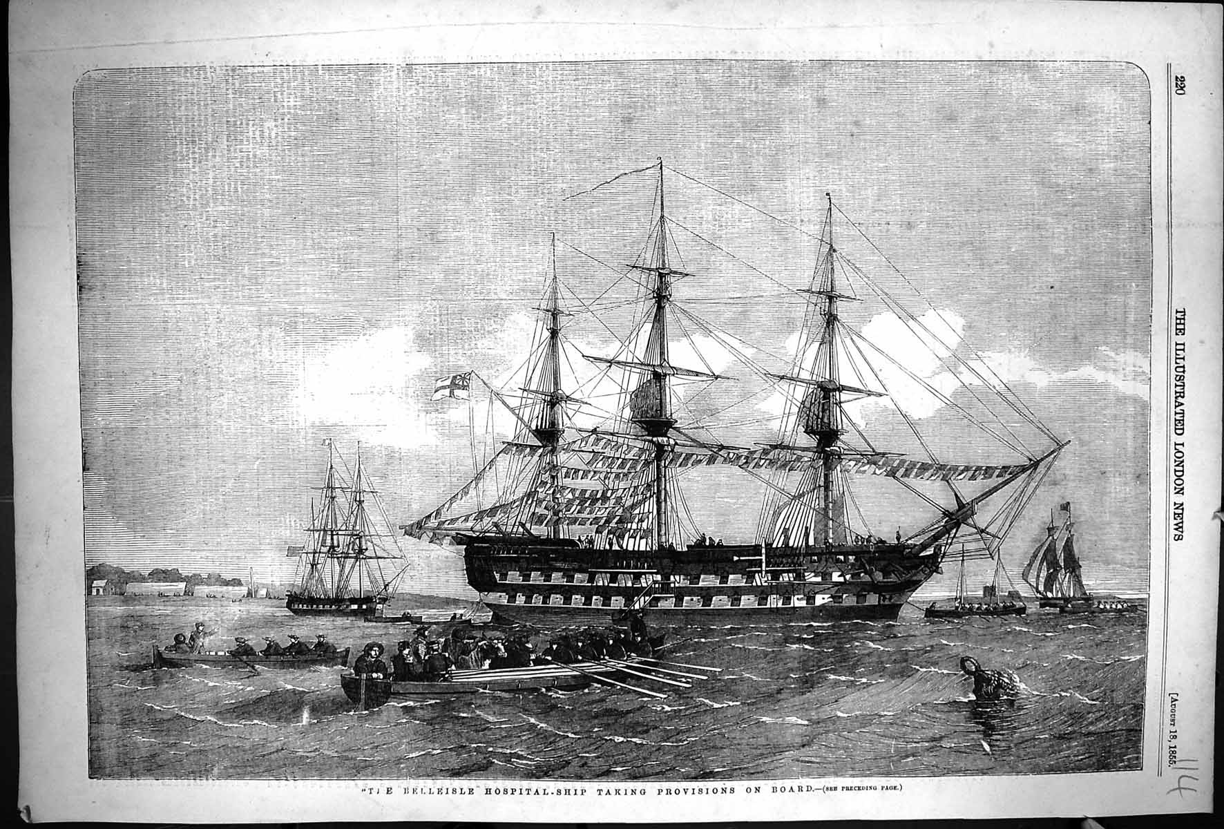 Old 1855 Scene Belleisle Hospital Ship Taking Provisions Board Boats Victorian