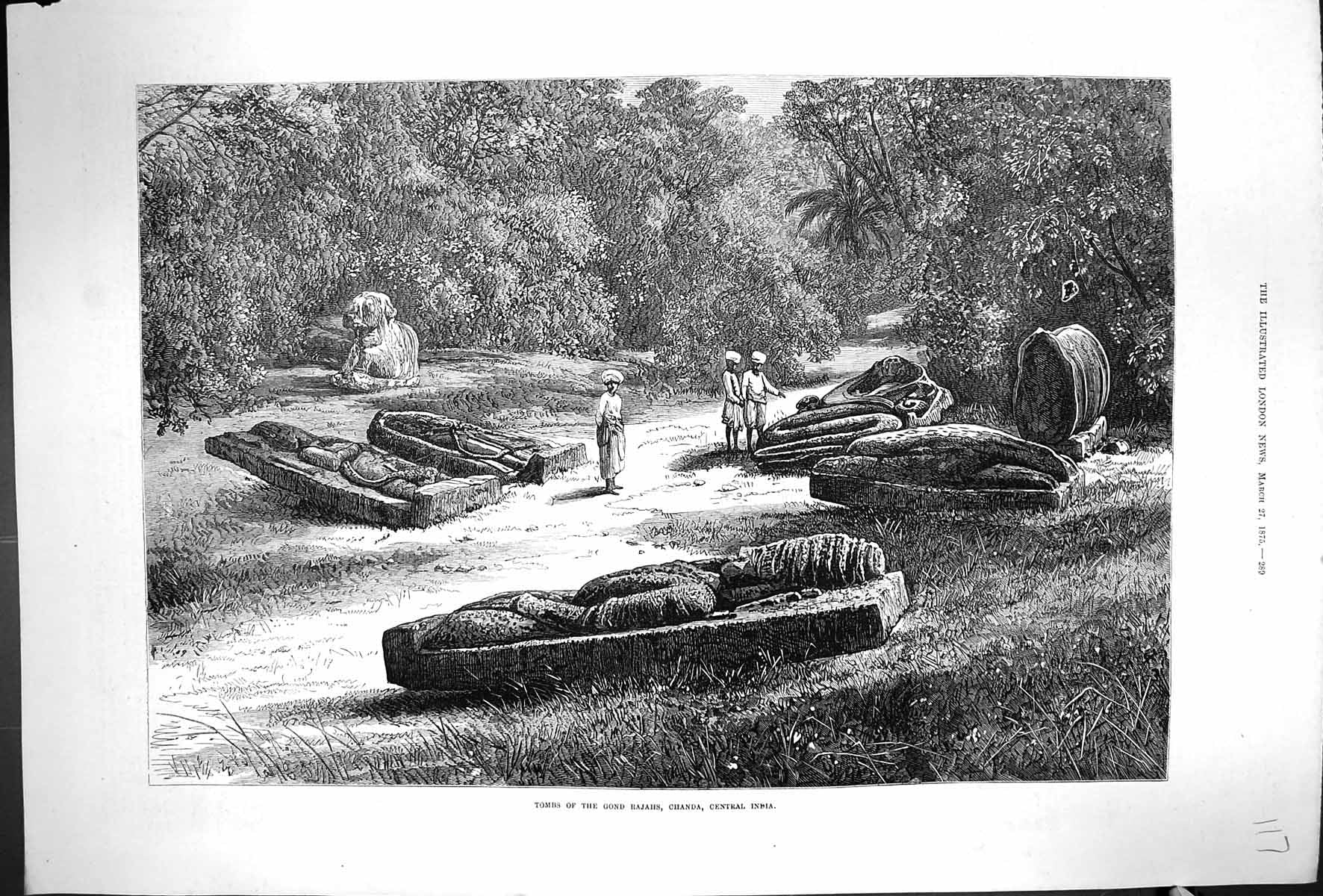 Original Old Antique Print 1873 Fine Art Tombs Gond Rajahs Chanda India 19th