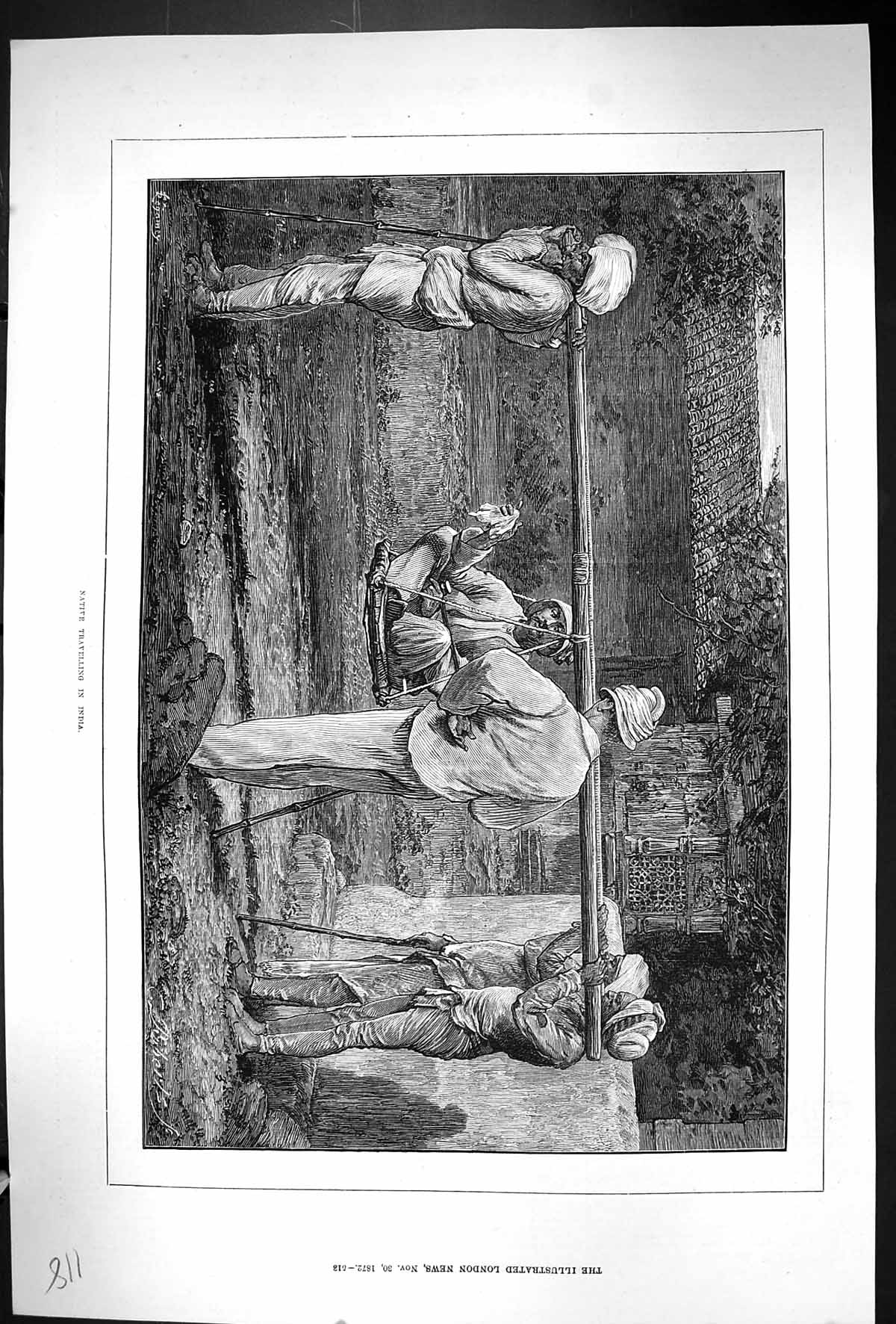 Original Old Antique Print 1872 Natives Travelling India Transport Men 19th