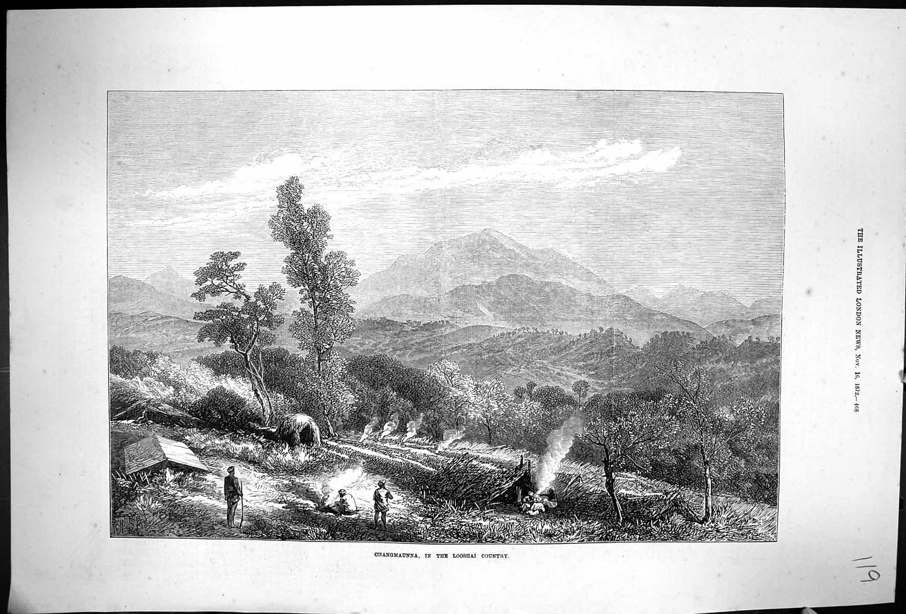 Original Old Antique Print 1872 View Changmaunna Looshai Country Mountains 19th