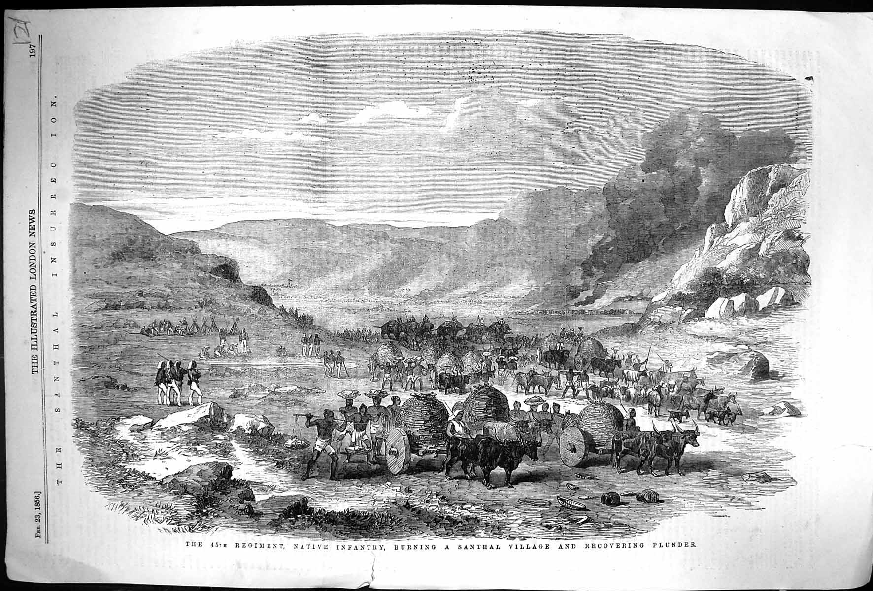 Old Print 1856 45Th Regiment Native Infantry Siers Burning Santhal Villa 19th