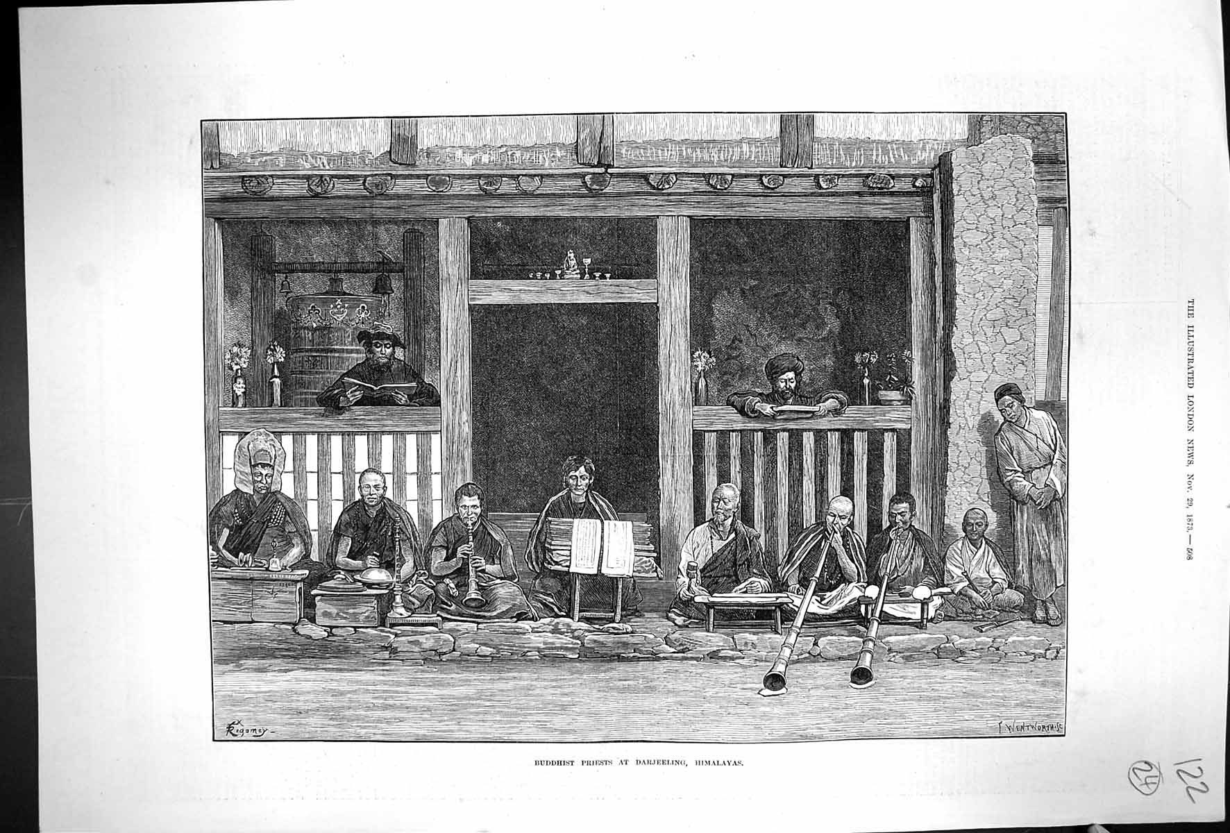 Original Old Antique Print 1873 Fine Art Buddhist Priests Darjeeling Himalayas