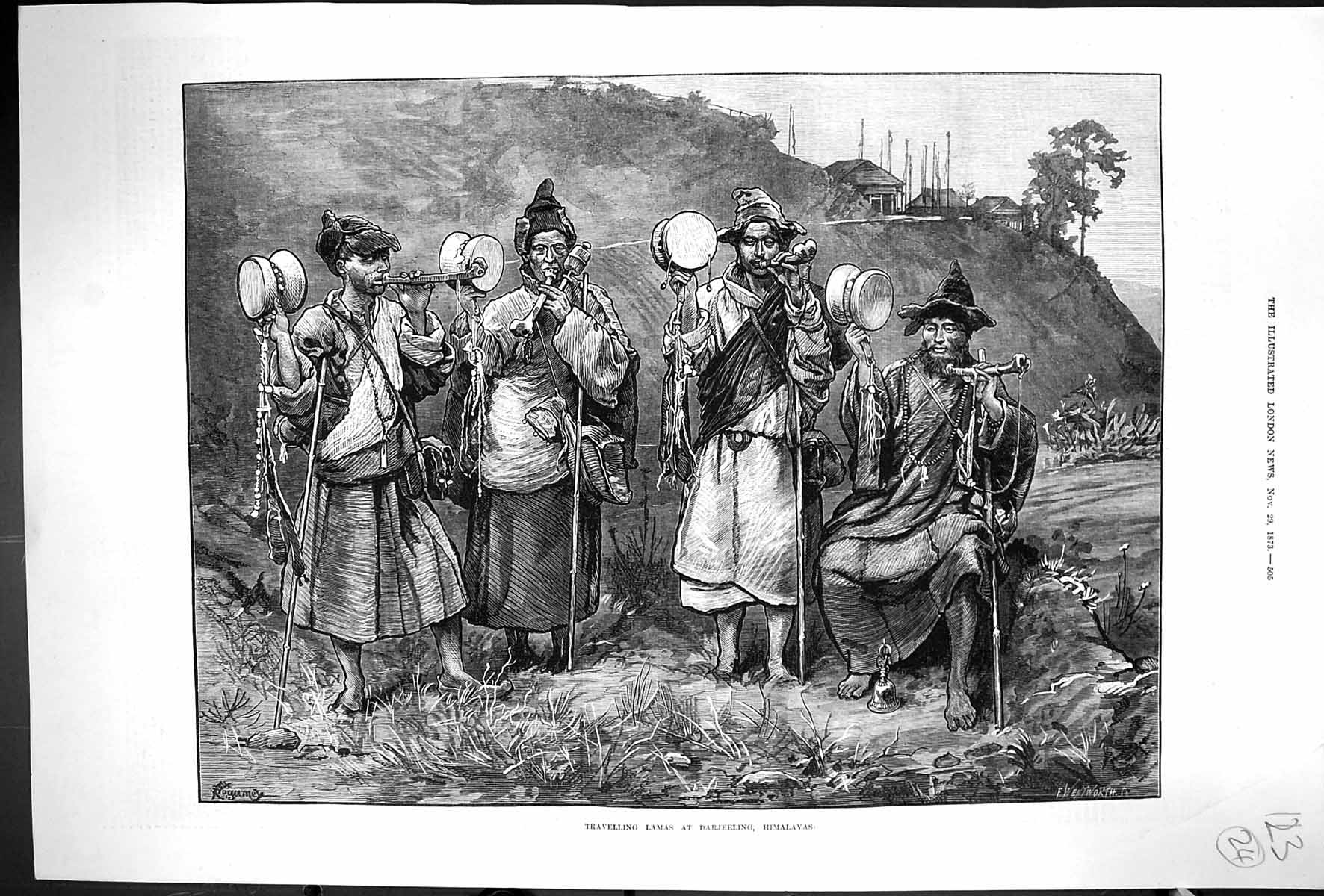 Original Old Antique Print 1873 Travelling Lamas Darjeeling Himalayas Fine Art