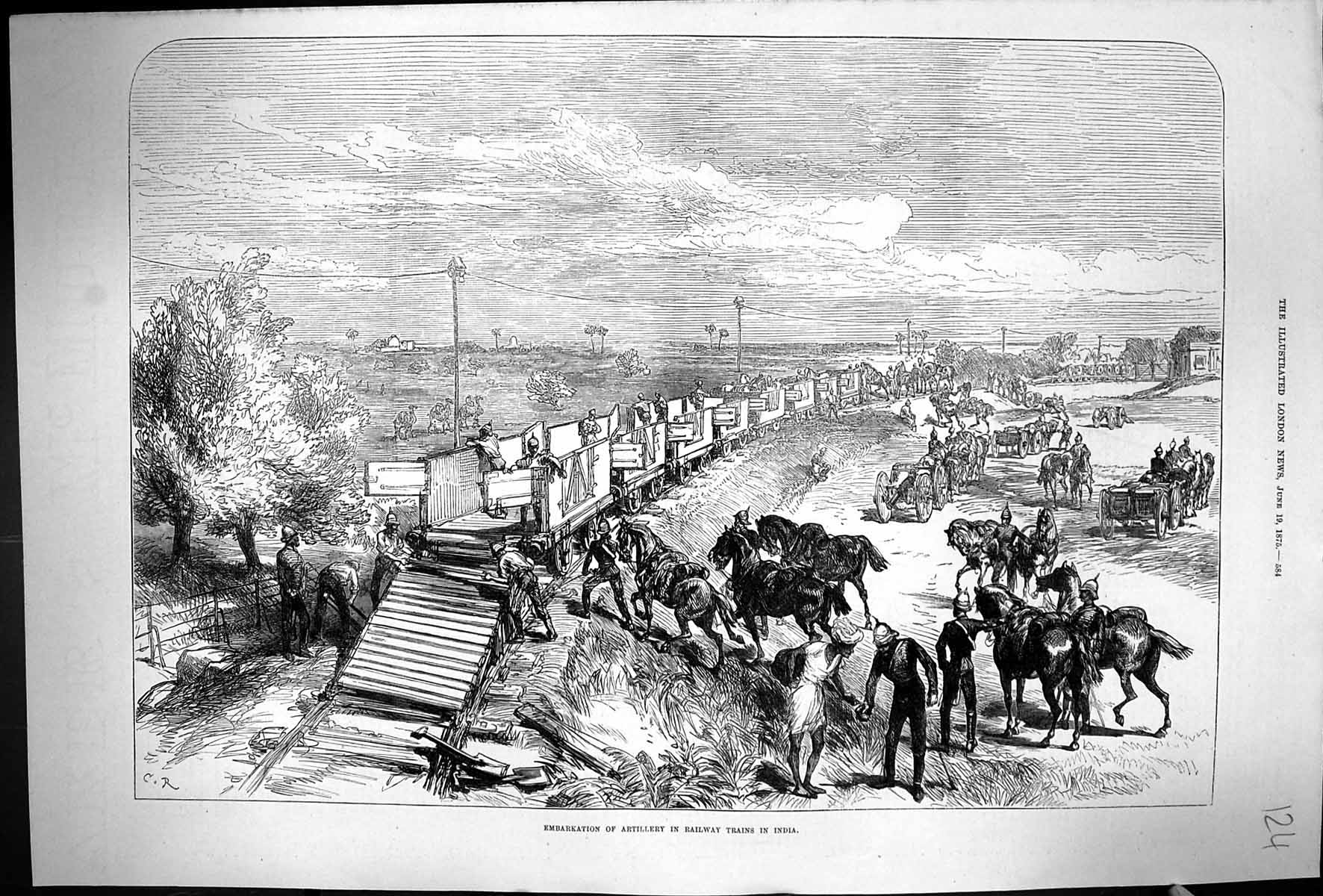 Old Print 1875 Embarkation Artillery Railway Trains India Siers War Hors 19th