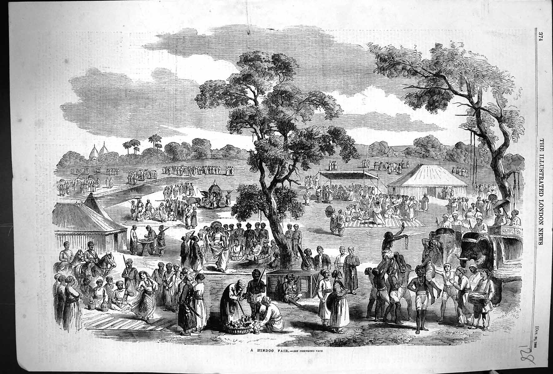 Original Old Antique Print 1858 View Hindoo Fair India People Market Sellers