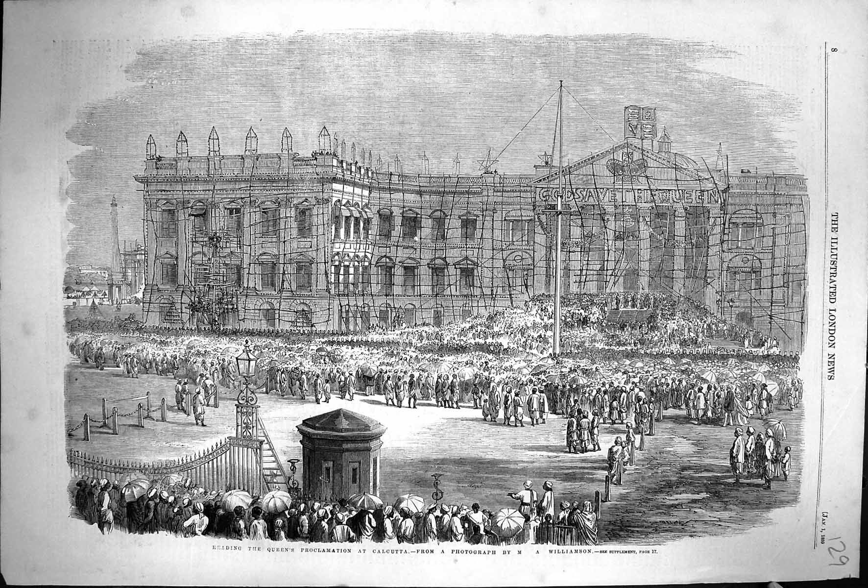 Old Print 1859 Scene Reading Queen Proclamation Calcutta India Williamson 19th