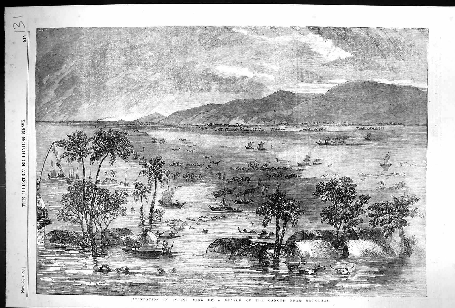 Old Print 1856 Floods Inundation India View Branch Ganges River Rajmahal 19th