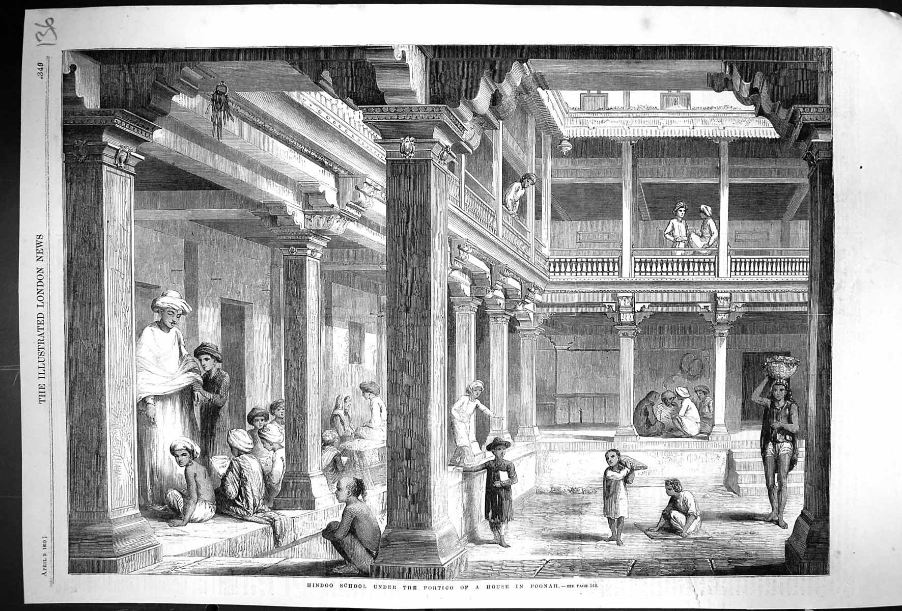 Antique Print 1859 Interior Hindoo School Under Portico House Poonah India 19th