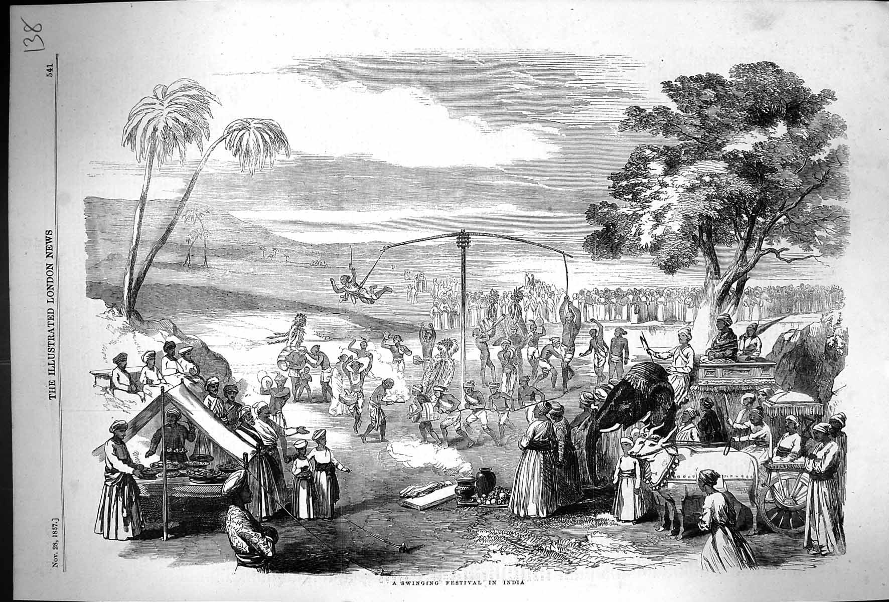 Old Print 1857 Scene Swinging Festival India Native Men Elephant Bullocks 19th