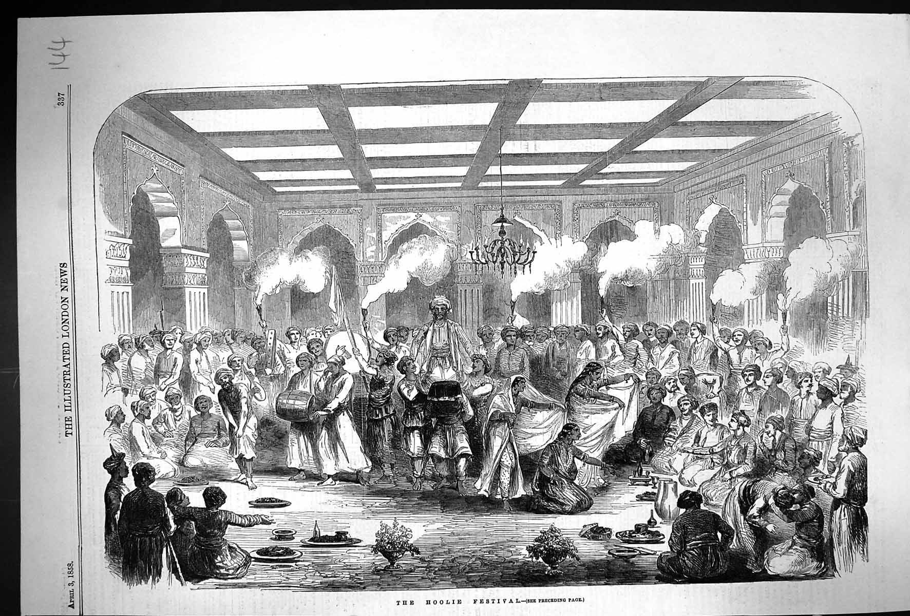 Original Old Antique Print 1858 Scene Hoolie Festival India People Music 19th