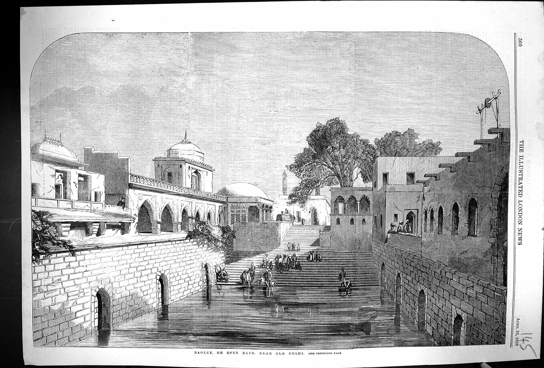 Original Old Antique Print 1858 View Baolee Open Bath Delhi India Architecture