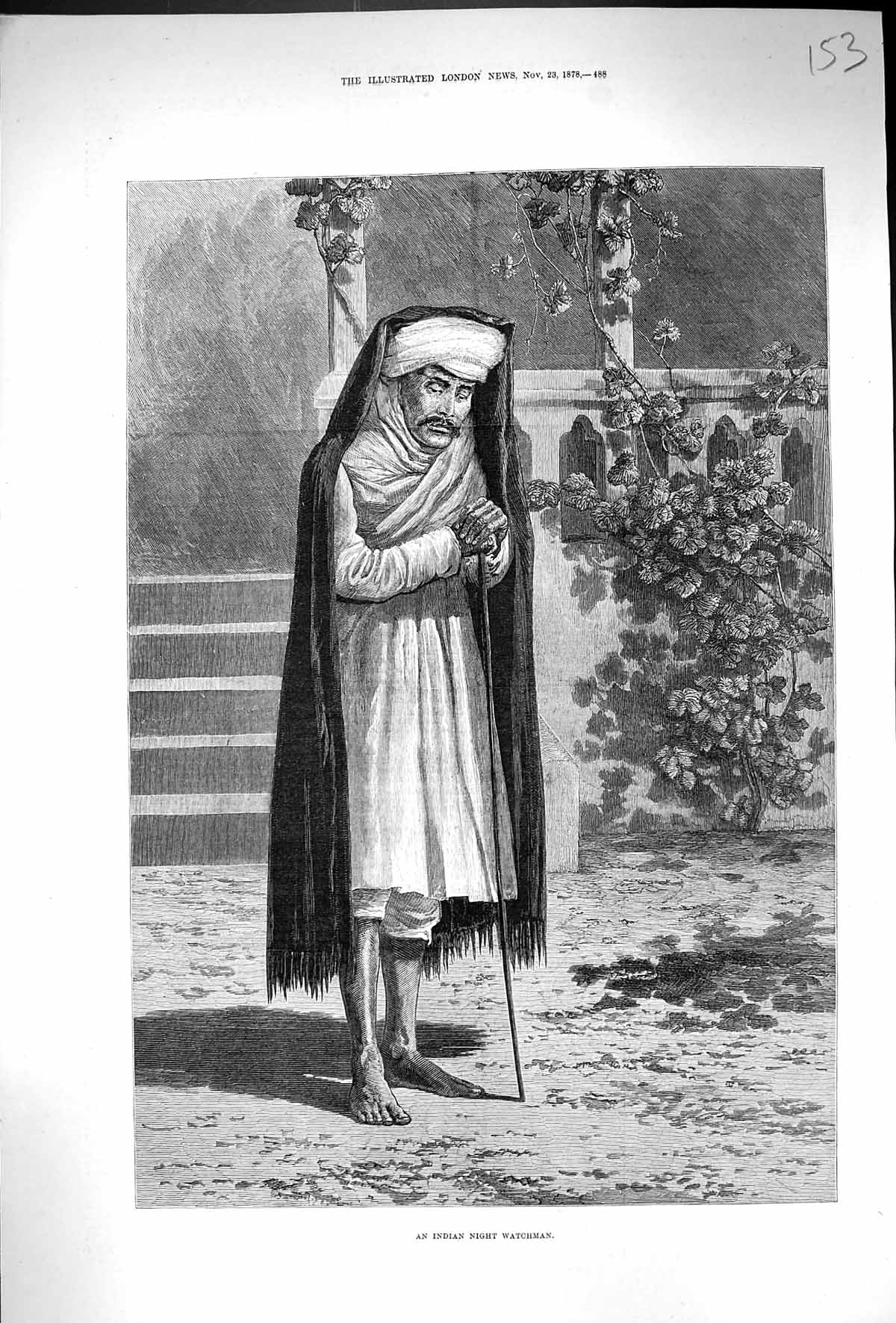 Original Old Antique Print 1878 Portrait Indian Night Watchman Fine Art 19th