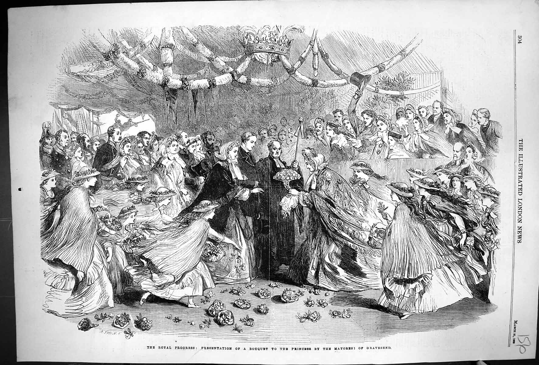 Antique Print 1863 Presentation Bouquet Flowers Princess Mayoress Gravesend