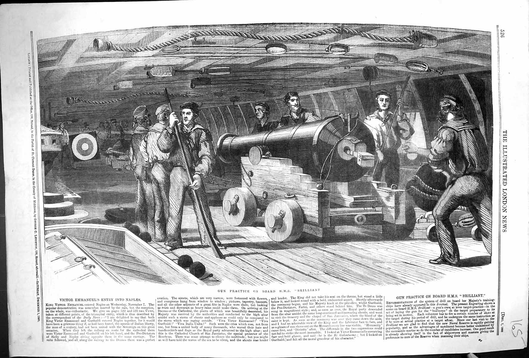 Antique Old Print 1860 Gun Practice Board H.M.S. Ship Brilliant War Sailors