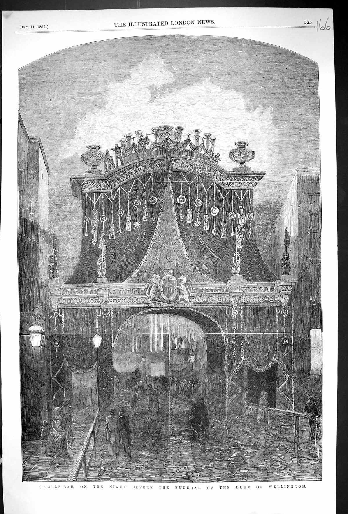 Old 1852 View Temple-Bar Night Scene Funeral Duke Wellington Fine Art Victorian