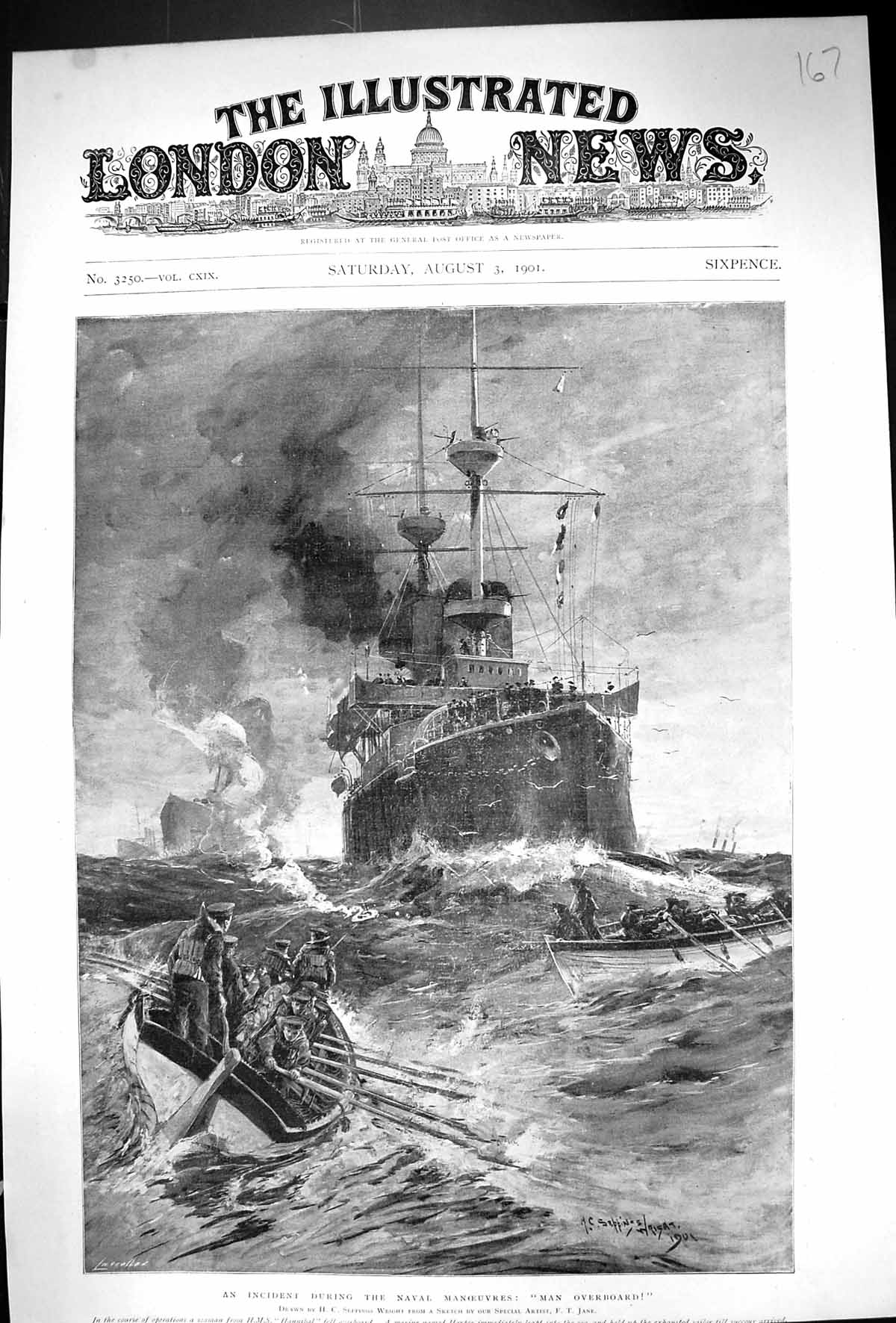 Old 1901 Man Overboard Ship H.M.S. Hannibal Marine Harper Navy Boats Victorian