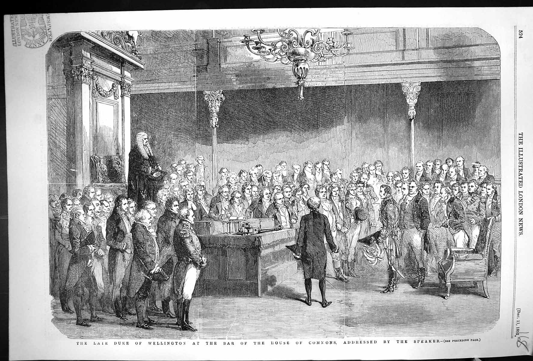 Old Print 1852 Scene Duke Wellington Bar House Commons Addressed Speaker 19th