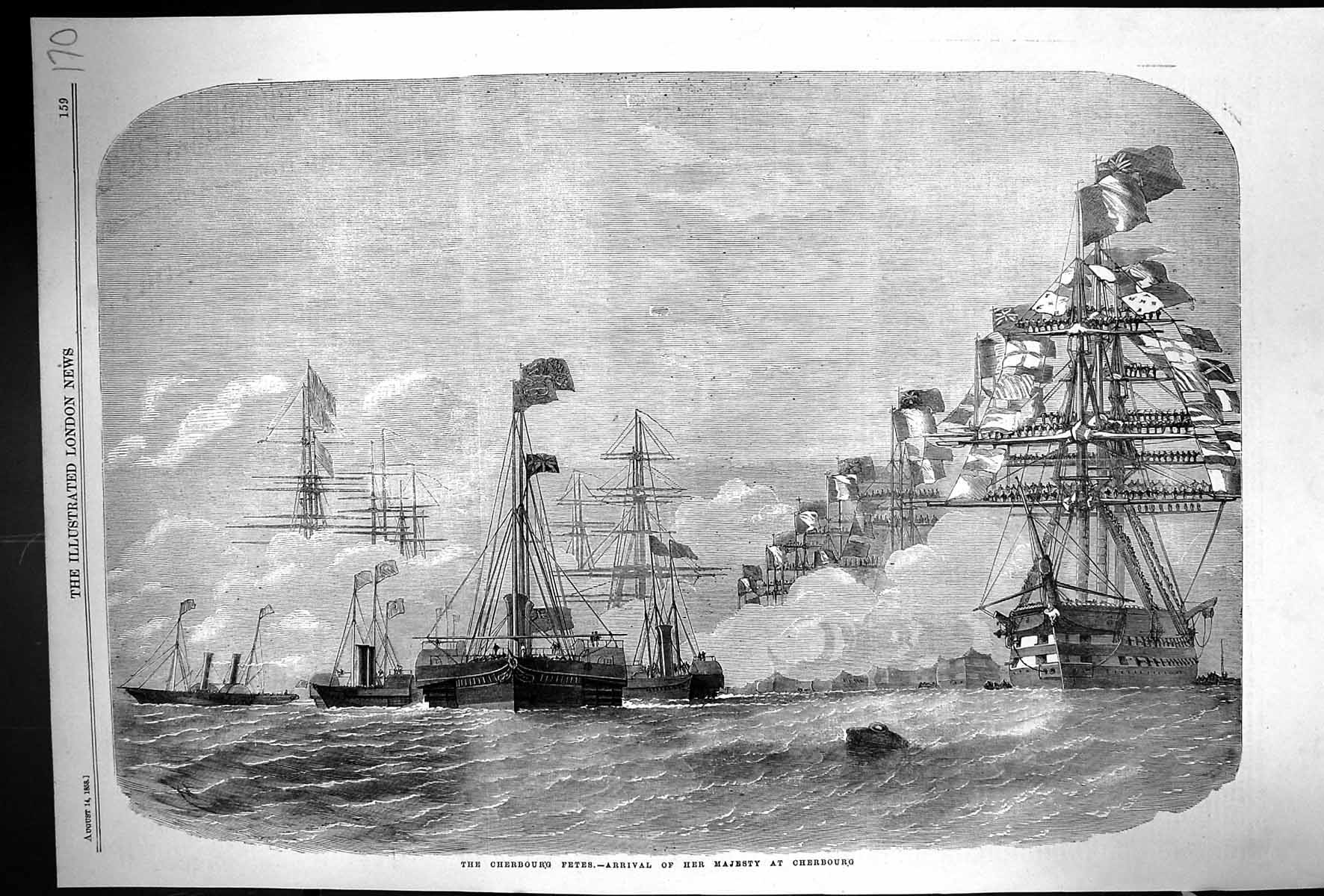 Old Antique Print 1858 Cherbourg Fetes Scene Arrival Majesty Queen Ships 19th