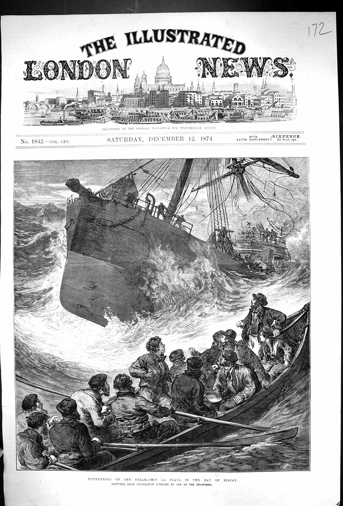 Old 1874 Fine Art Foundering Steam Ship La Plata Bay Biscay Life-Boat Victorian