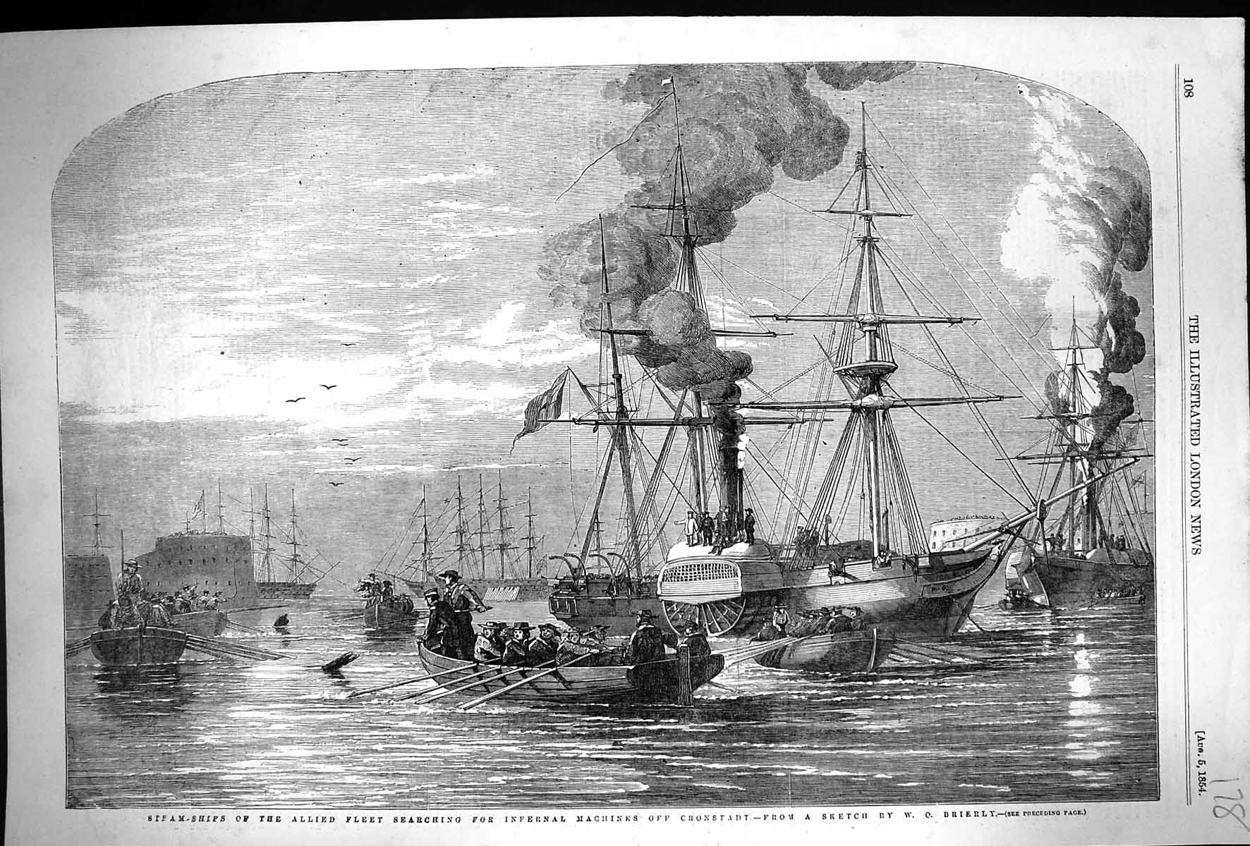 Old 1854 Steam Ship Allied Fleet Searching Infernal Machines Cronstad Victorian