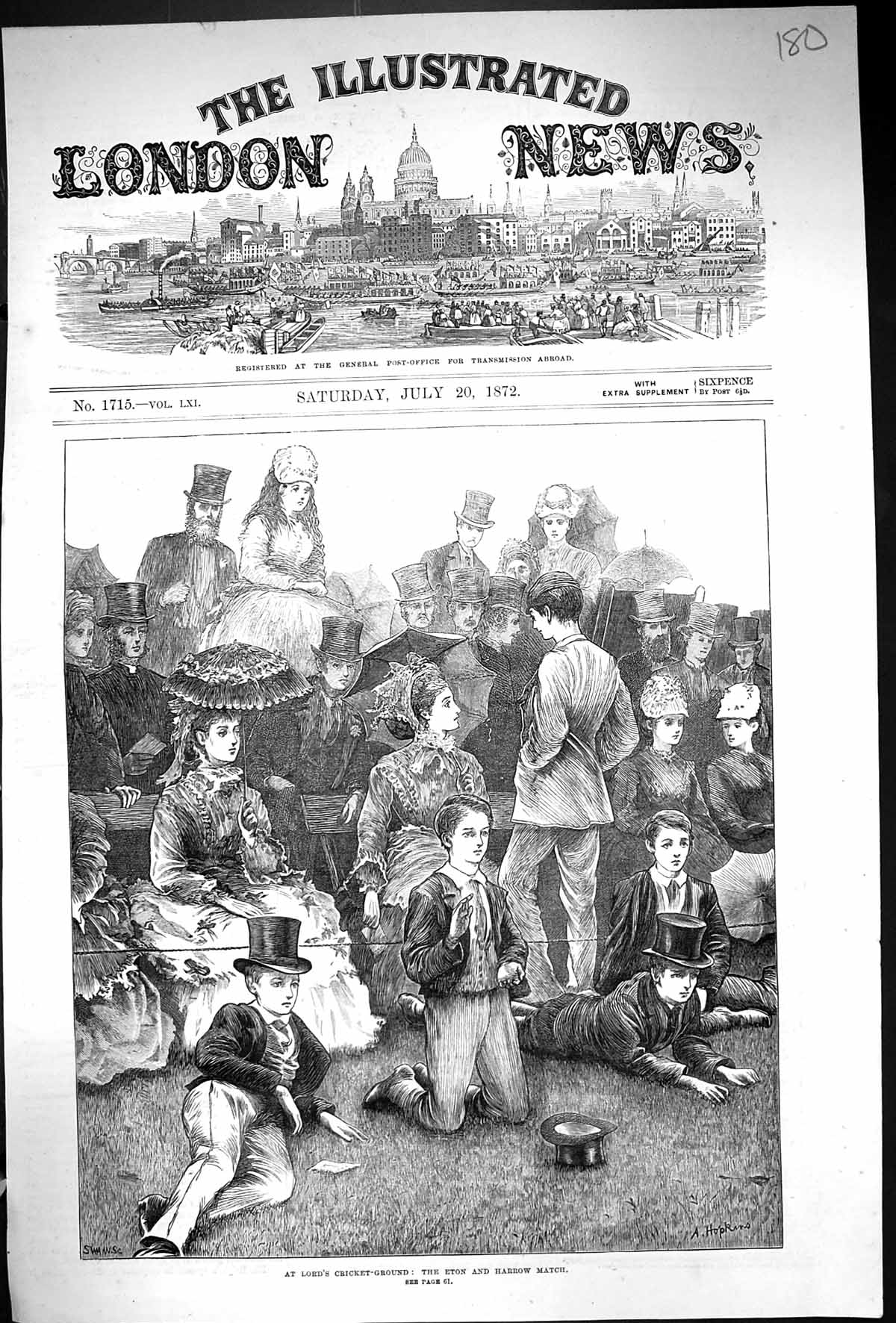 Old Antique Print 1872 Lords Cricket Ground Eton Harrow Match Sport Men 19th