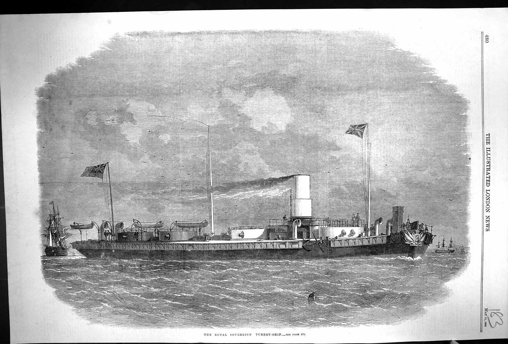Original Old Antique Print 1864 Royal Sovereign Turret Ship British Flags 19th