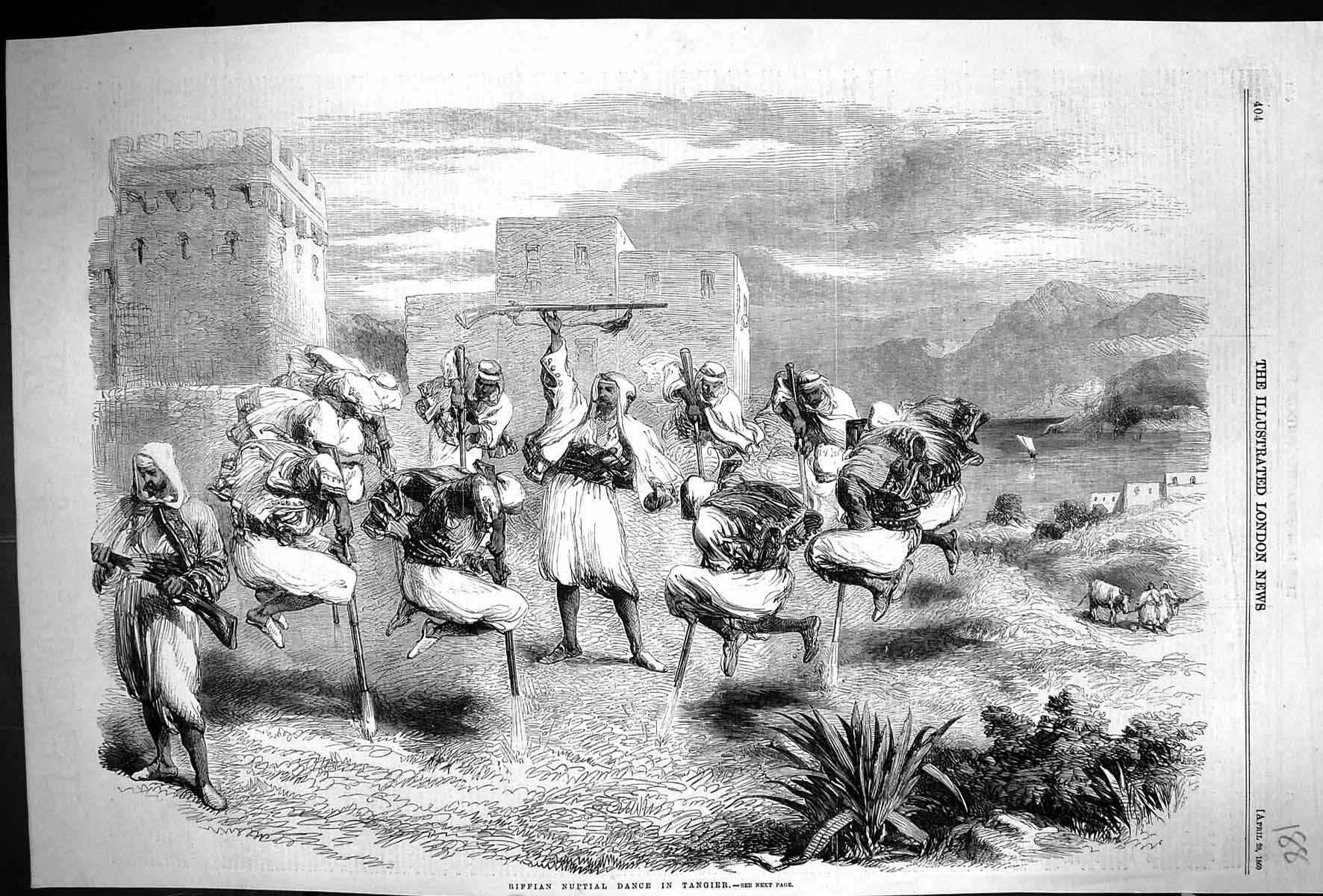 Antique Old Print 1860 Scene Riffian Nuptial Dance Tangier Native Men Africa